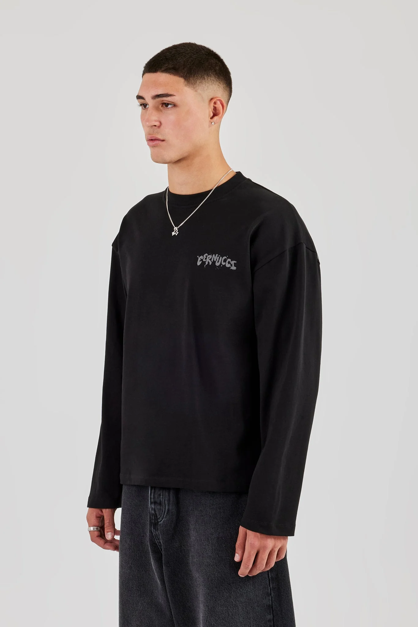 Long Sleeve Back Puff Print T-Shirt - Black - Image 2