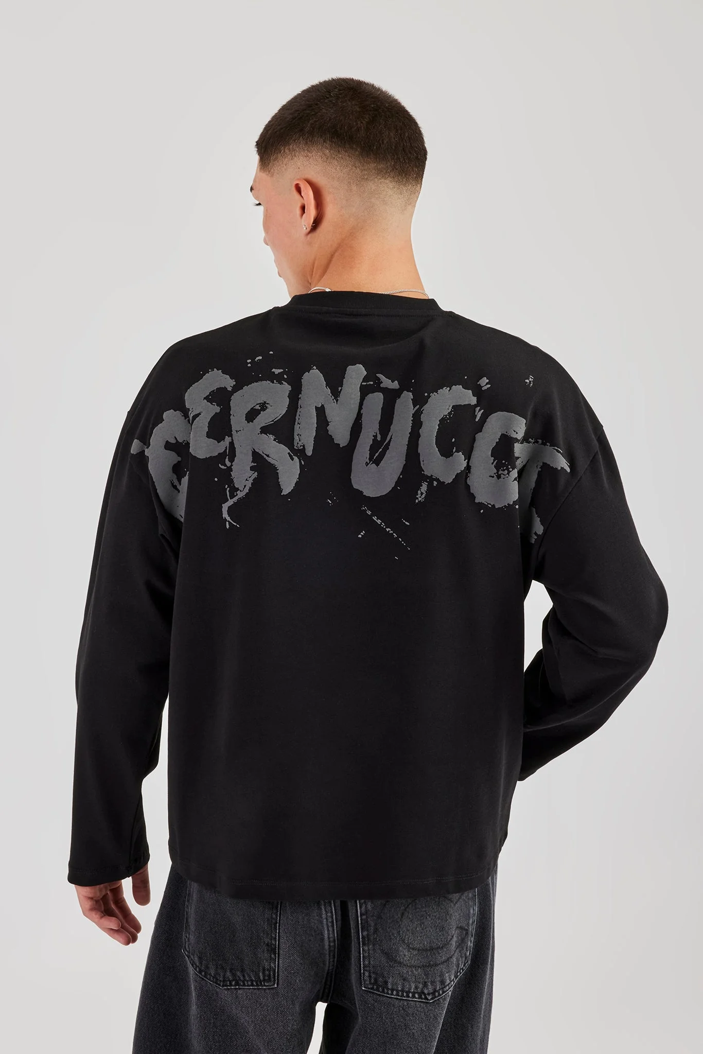 Long Sleeve Back Puff Print T-Shirt - Black - Image 3