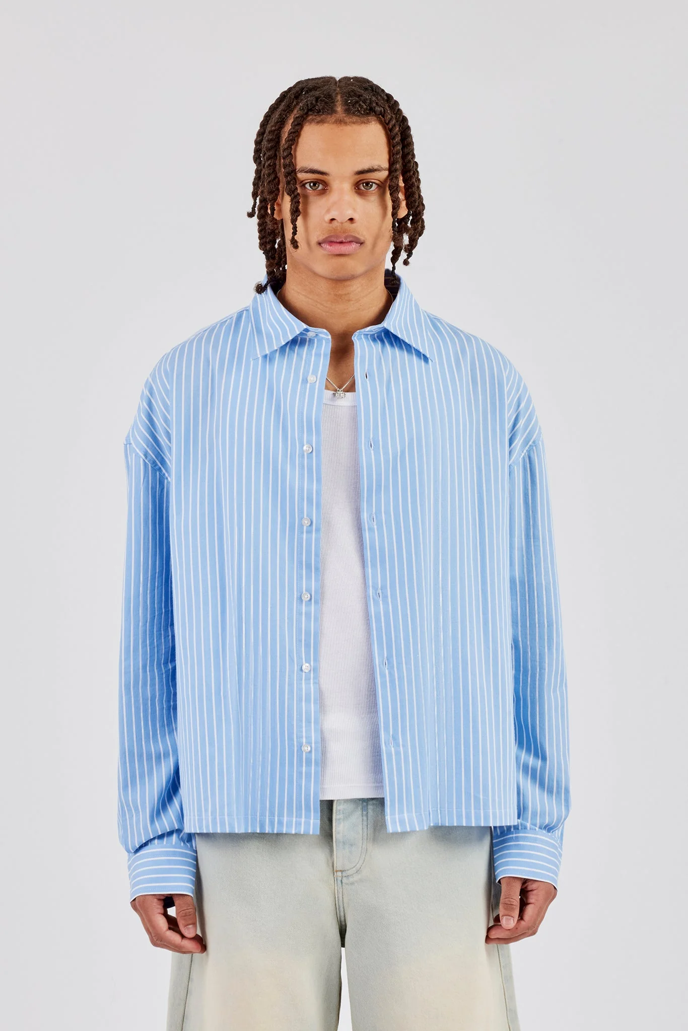 Long Sleeve Boxy Stripe Shirt - Blue - Image 4
