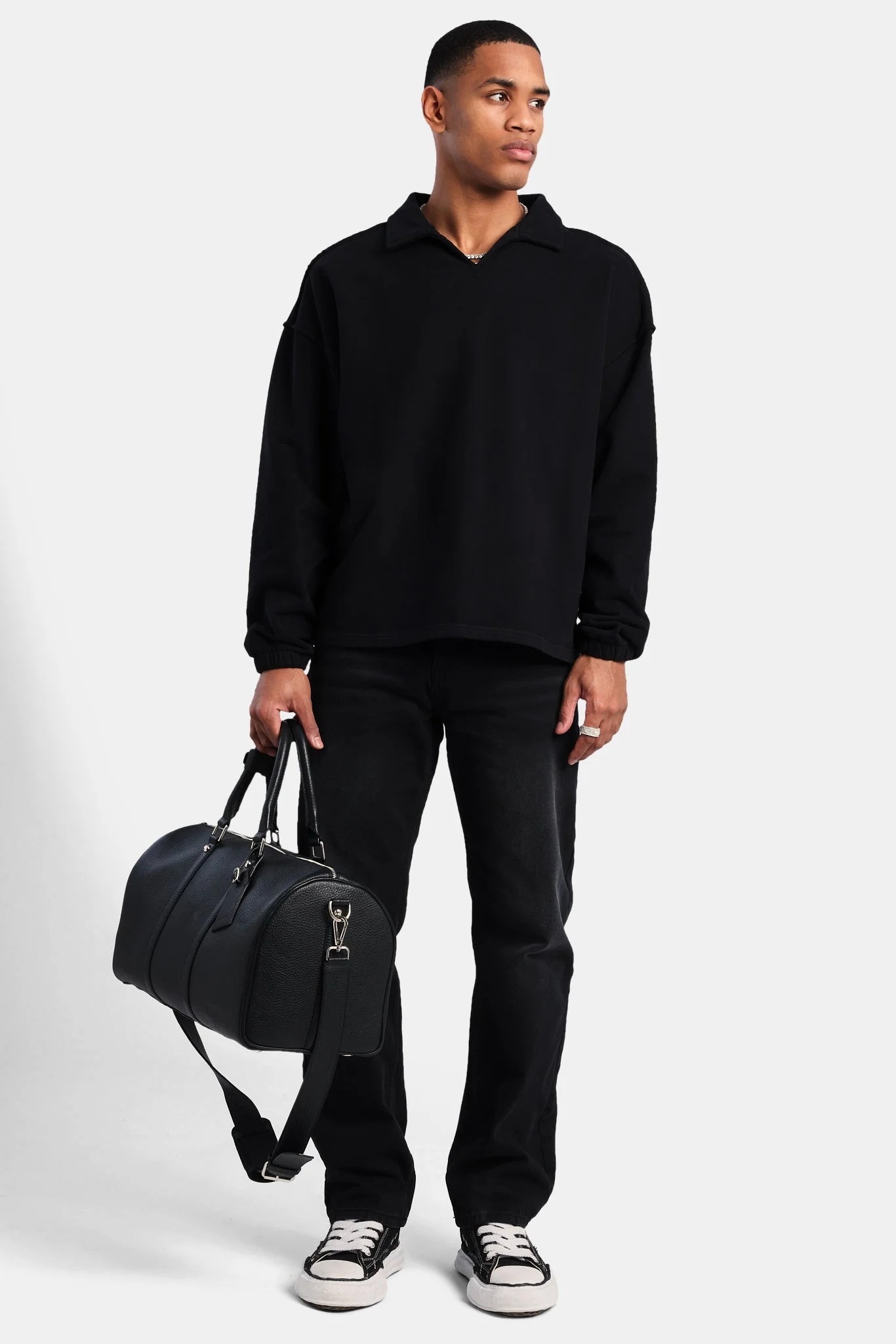 Long Sleeve Collared Sweatshirt - Black - Image 2