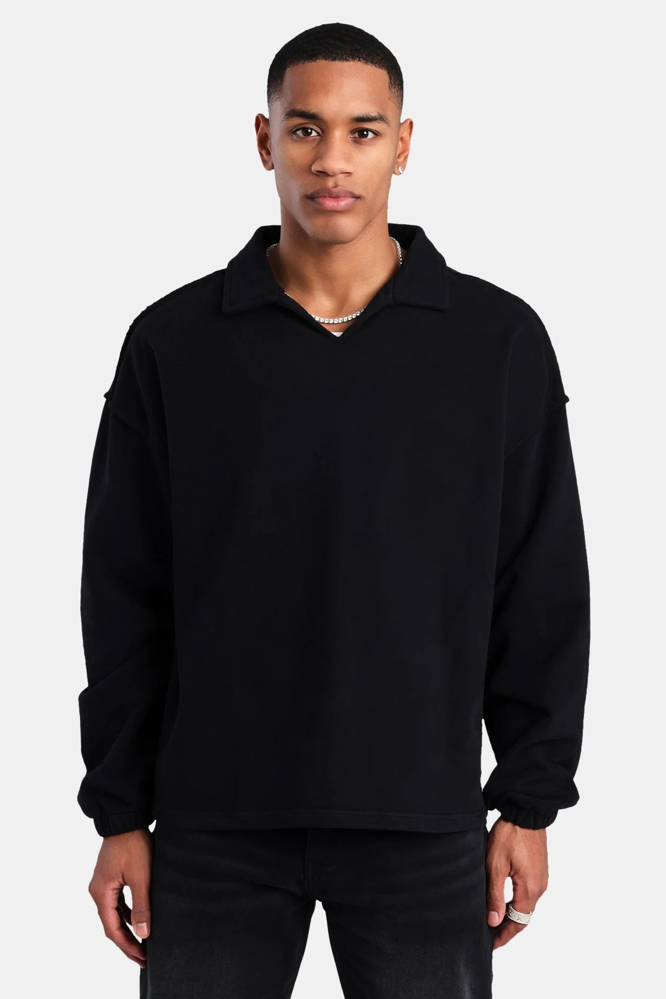 Long Sleeve Collared Sweatshirt - Black - Image 4