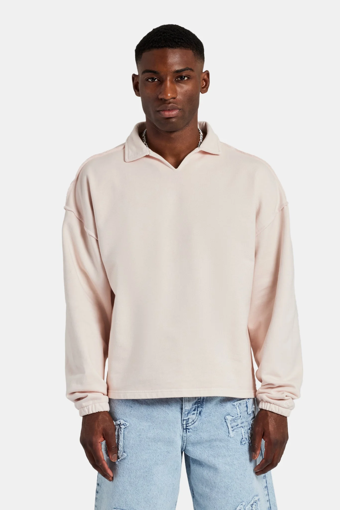 Long Sleeve Collared Sweatshirt - Washed Pink - Image 2