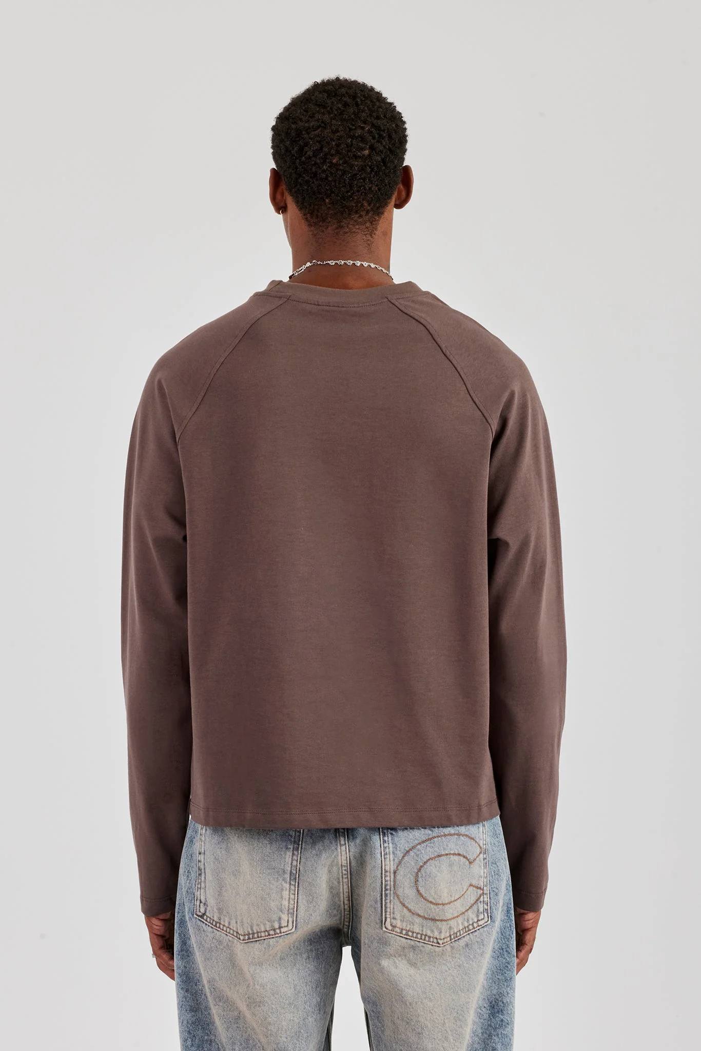 Long Sleeve Contrast Panel T-Shirt - Coffee - Image 3