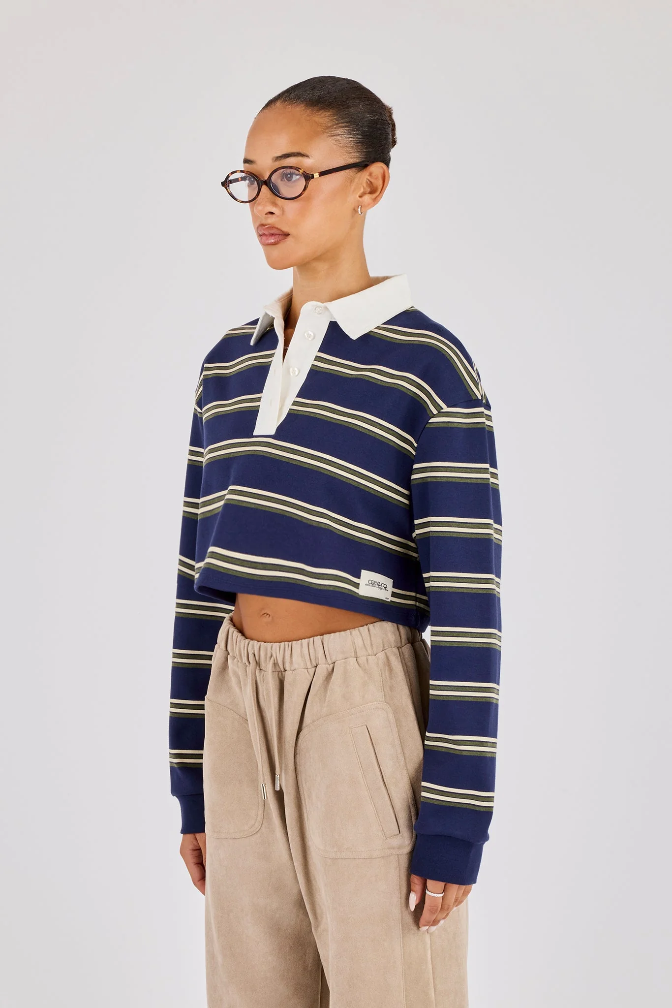 Long Sleeve Stripe Cropped Polo - Navy - Image 3