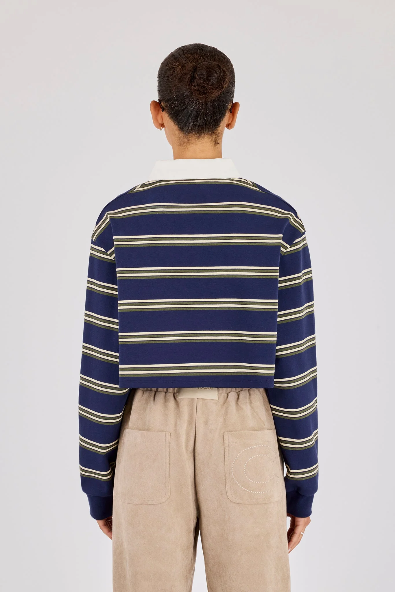 Long Sleeve Stripe Cropped Polo - Navy - Image 4