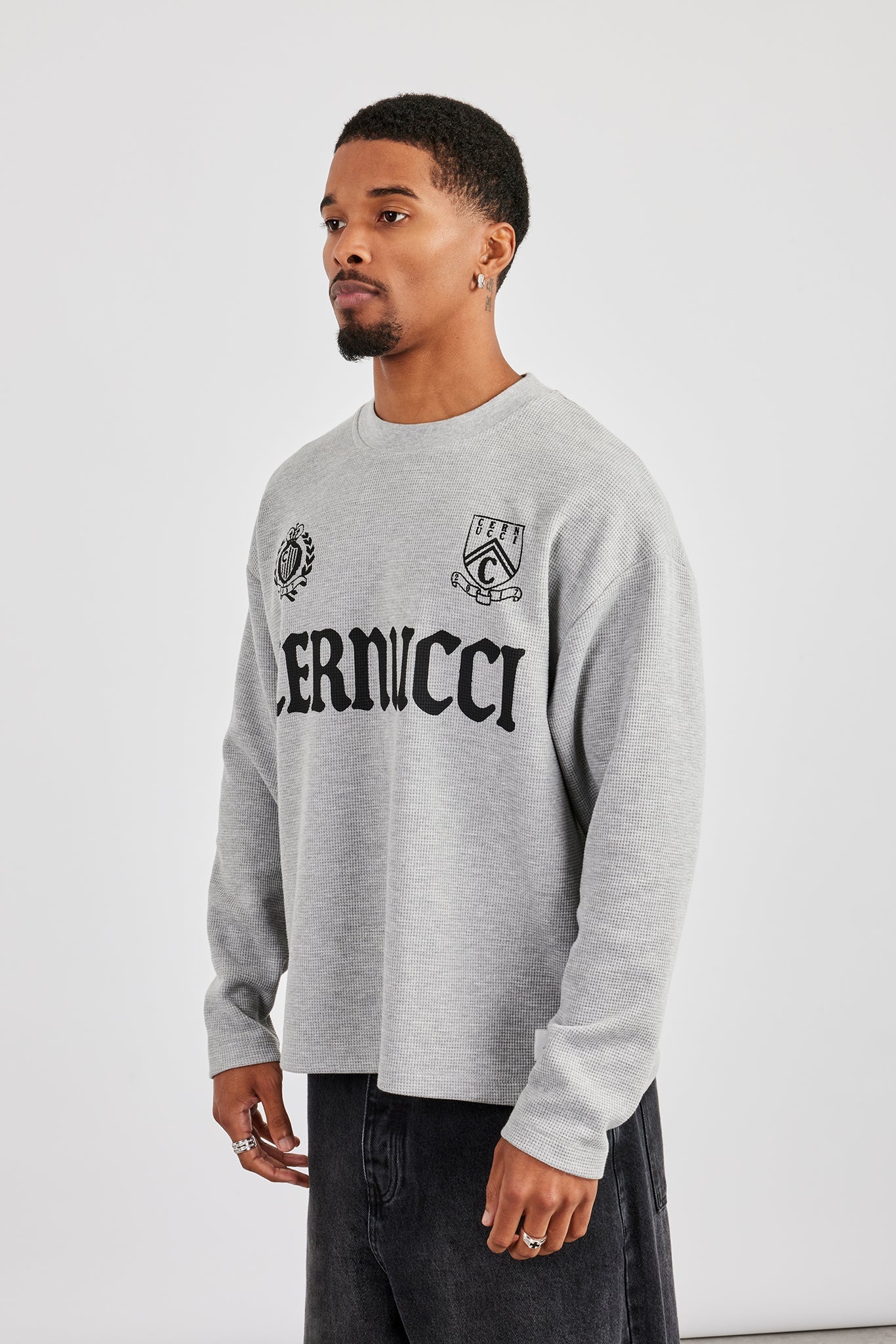 Long Sleeve Waffle Print T-Shirt - Grey - Image 2
