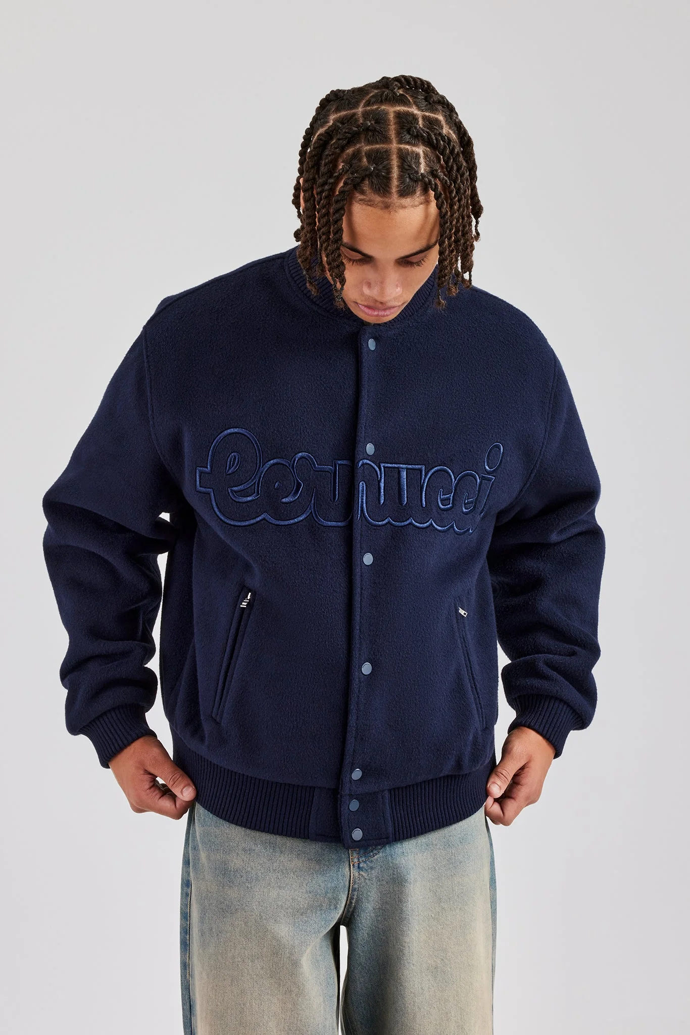 Melton Embroidered Bomber Jacket - Navy Blue - Image 3