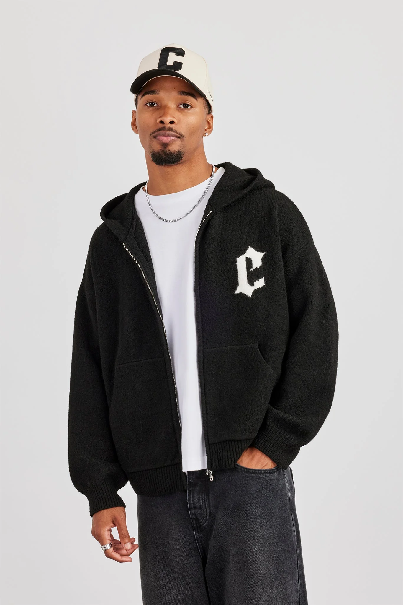 Mens C Knitted Zip Through Hoodie - Black