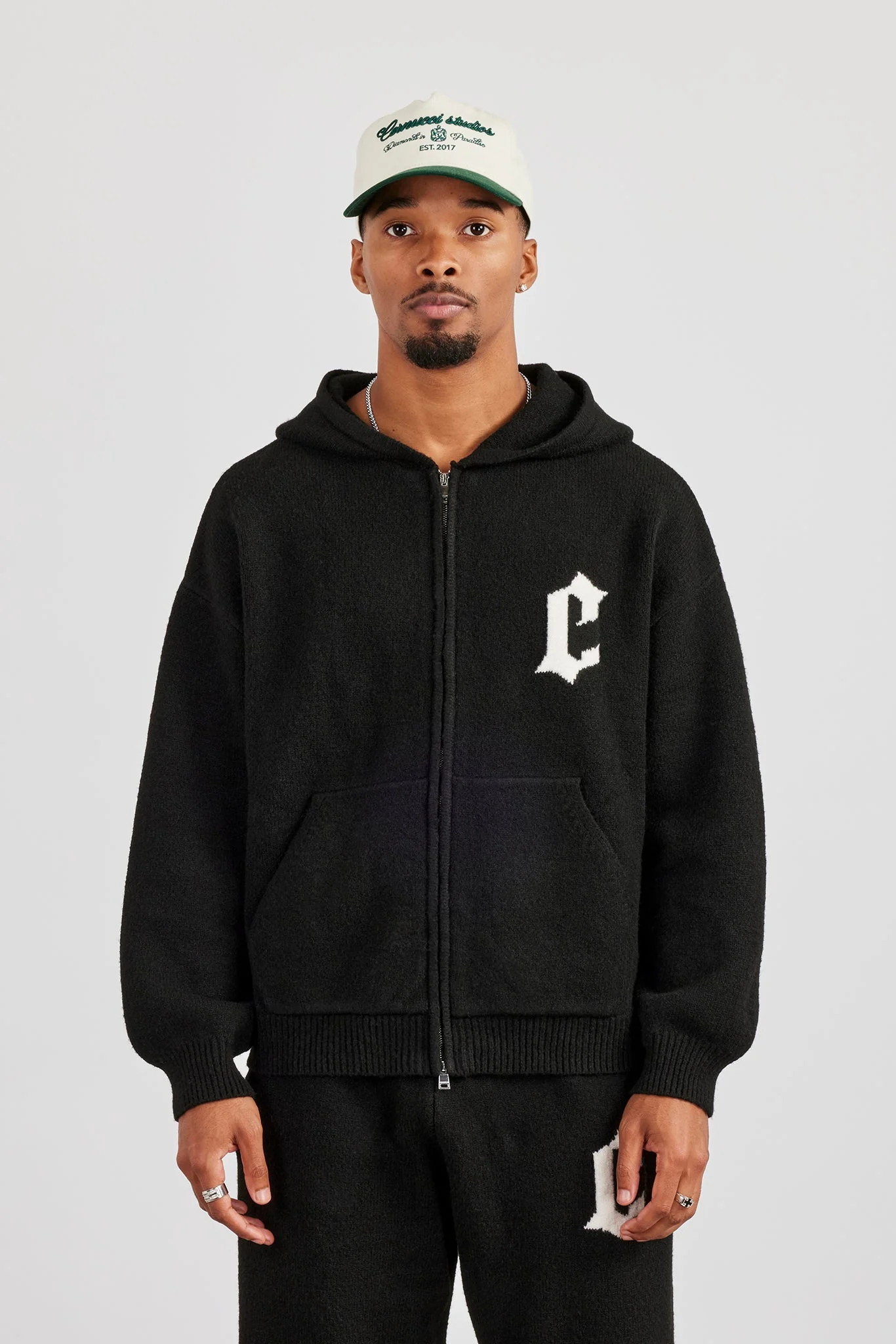 Mens C Knitted Zip Through Hoodie - Black - Image 3