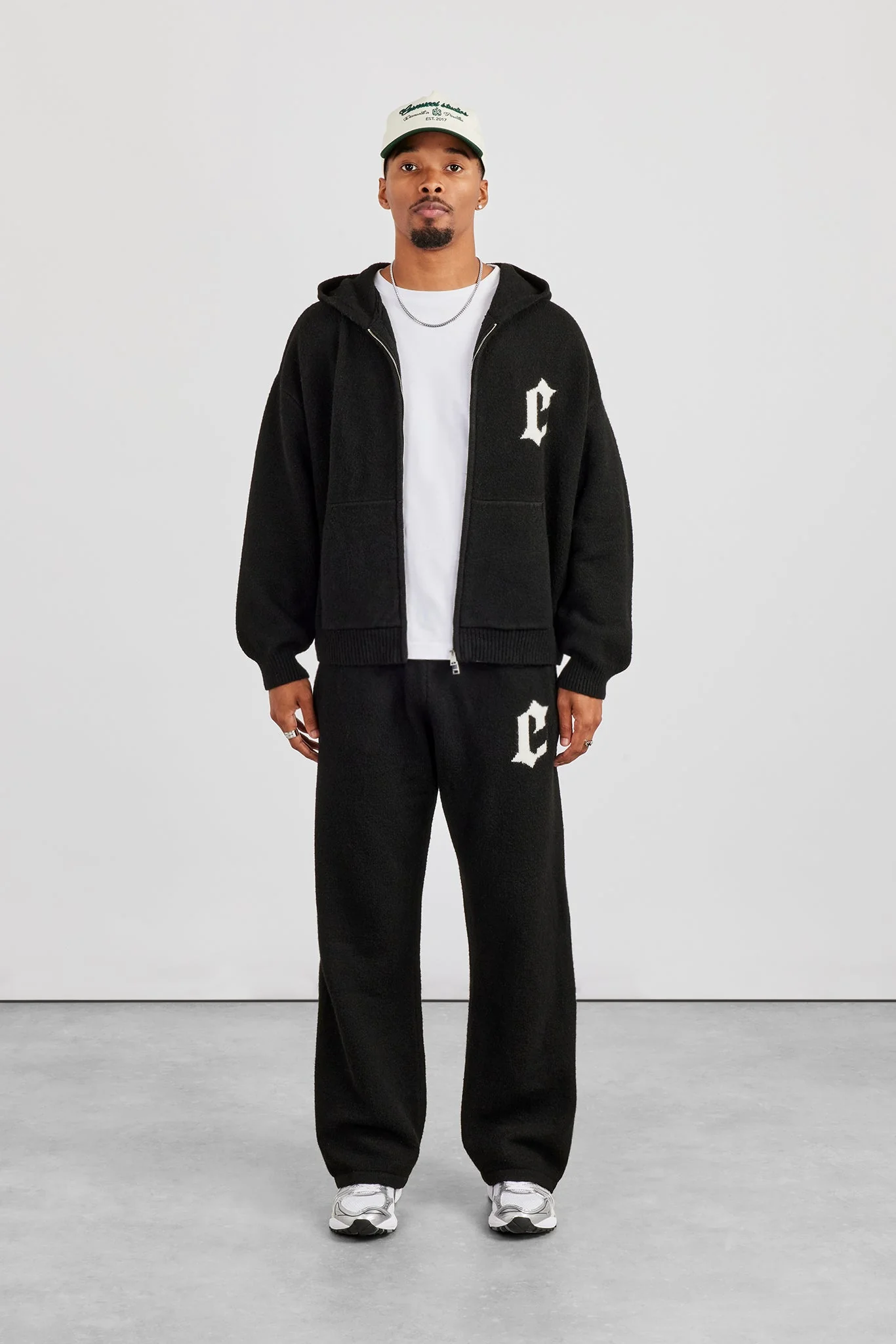 Mens C Knitted Zip Through Hoodie & Jogger - Black - Image 2