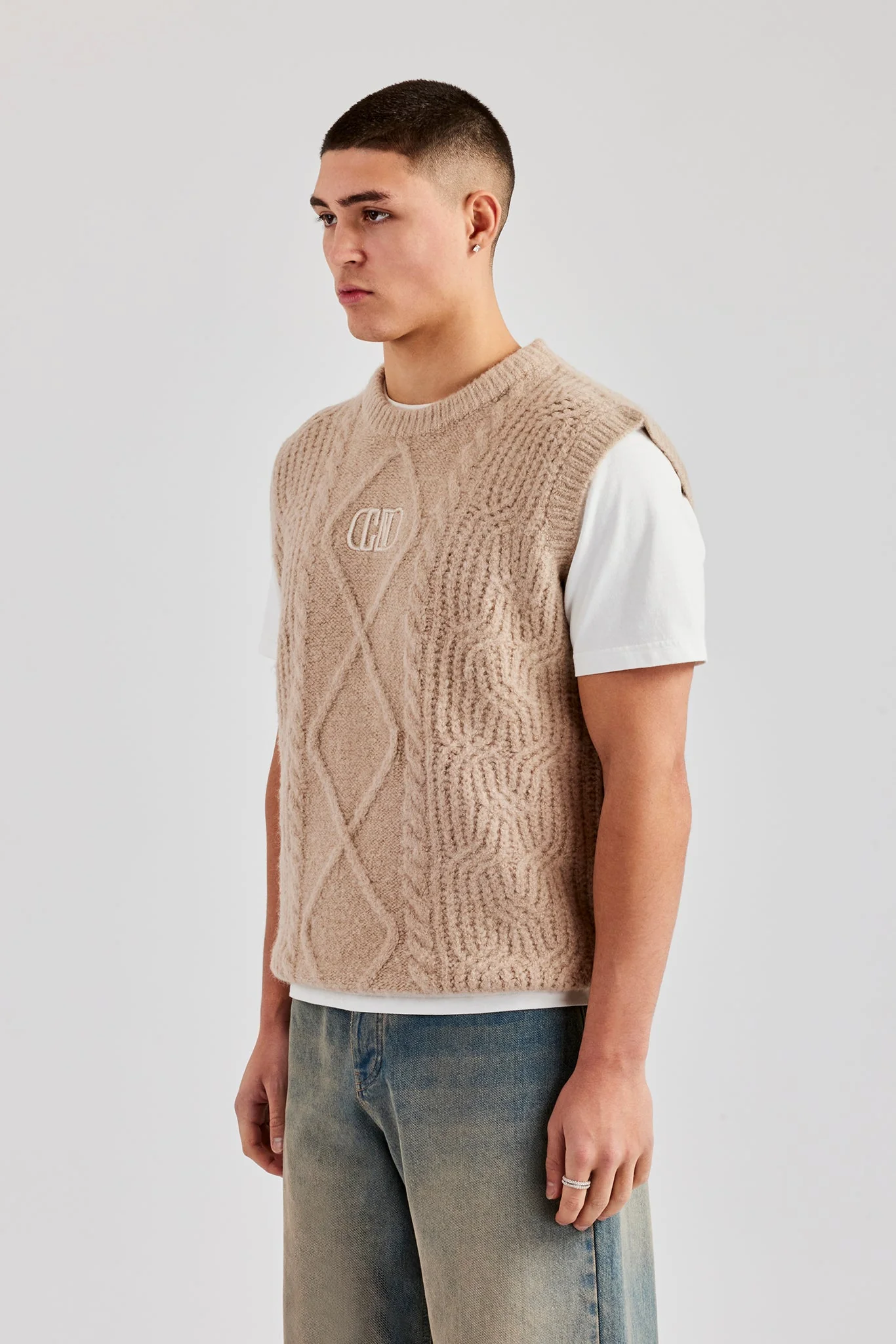 Mens Cable Knit Vest - Stone - Image 3