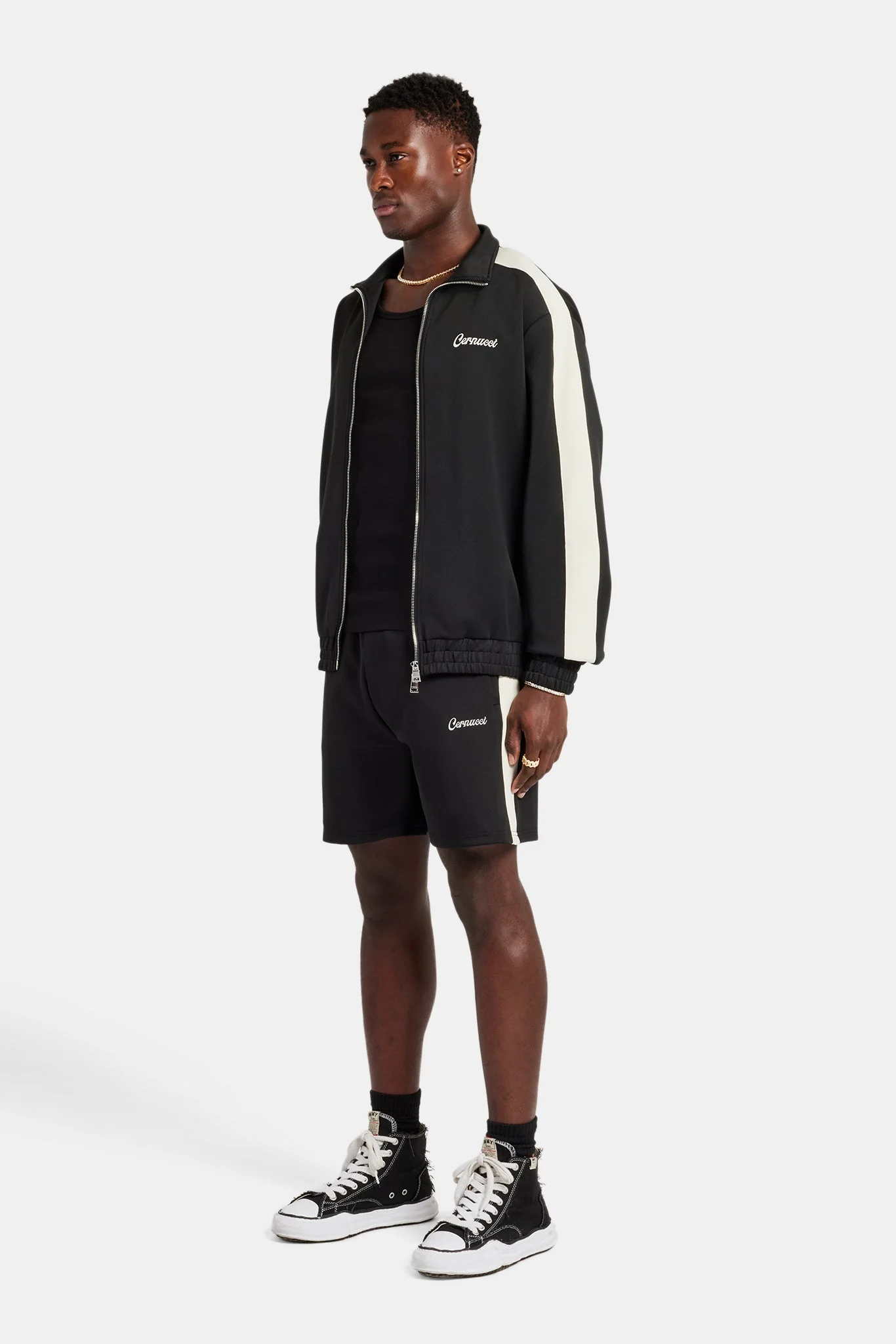 Mens Contrast Panel Track Jacket & Short Set - Black - Image 2