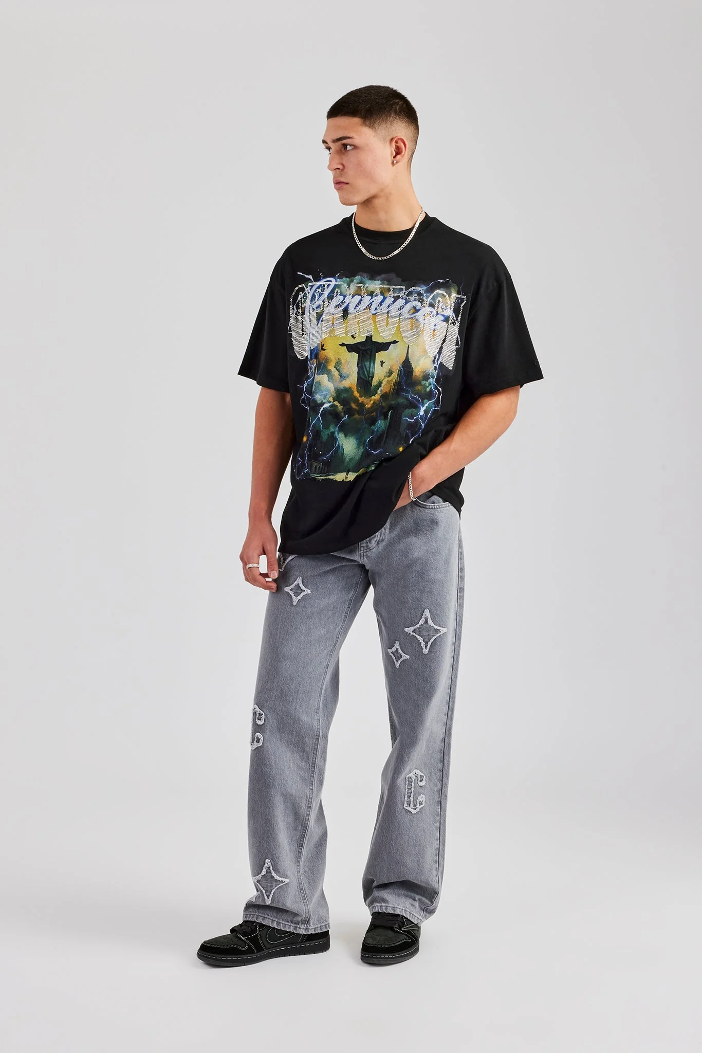 Mens Relaxed Fit Applique Denim Jean - Washed Grey - Image 2