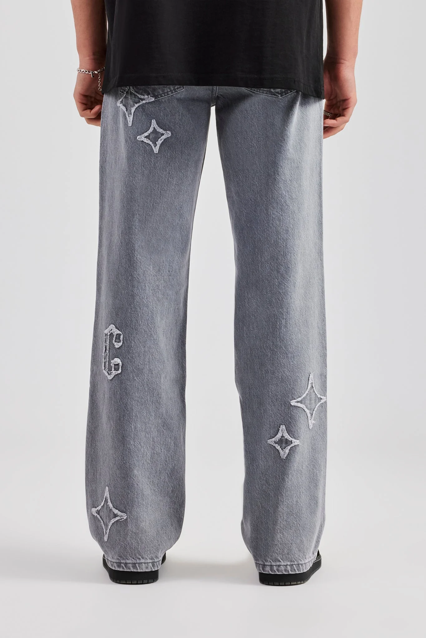 Mens Relaxed Fit Applique Denim Jean - Washed Grey - Image 3