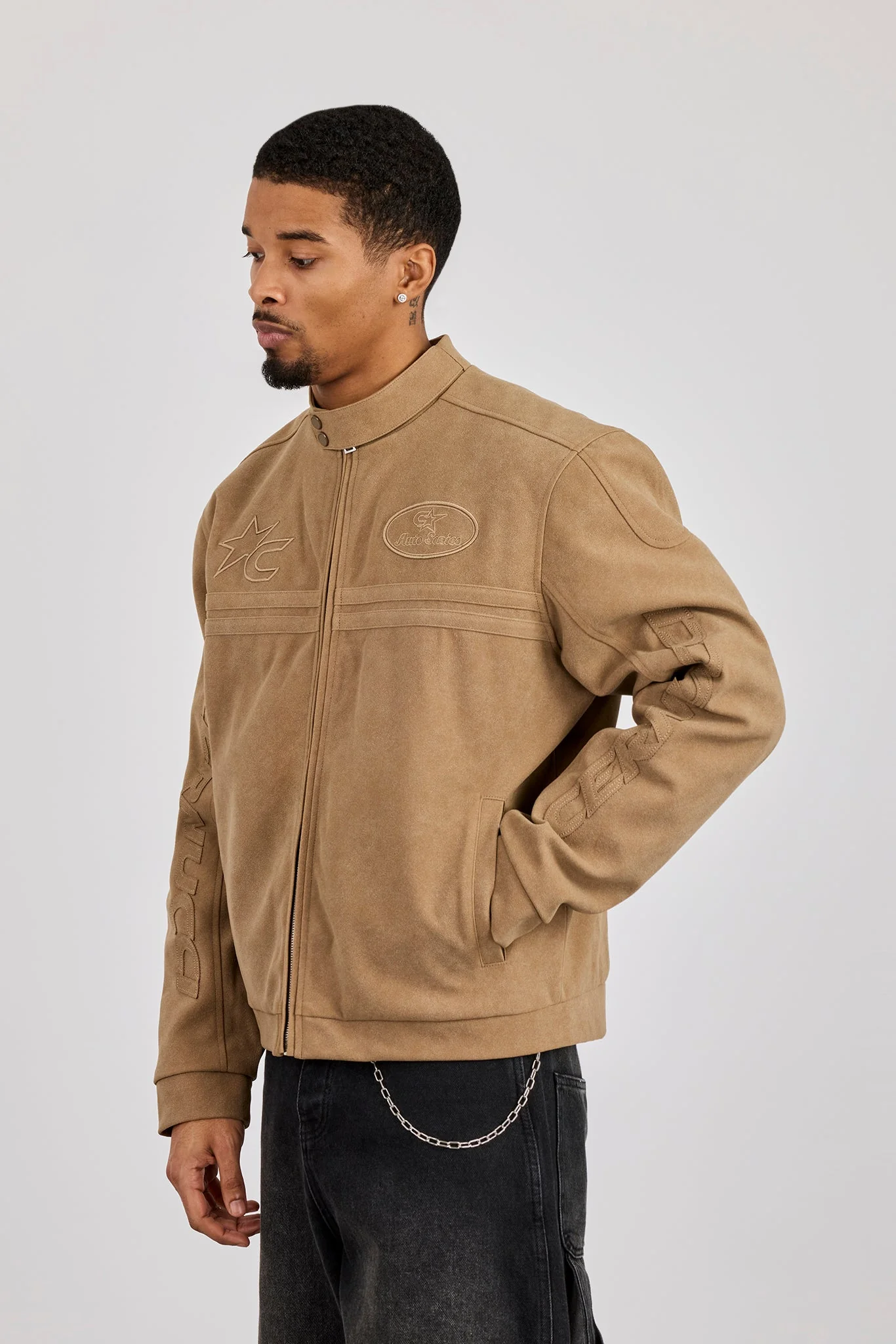 Mens Suede Applique Moto Jacket - Taupe - Image 2