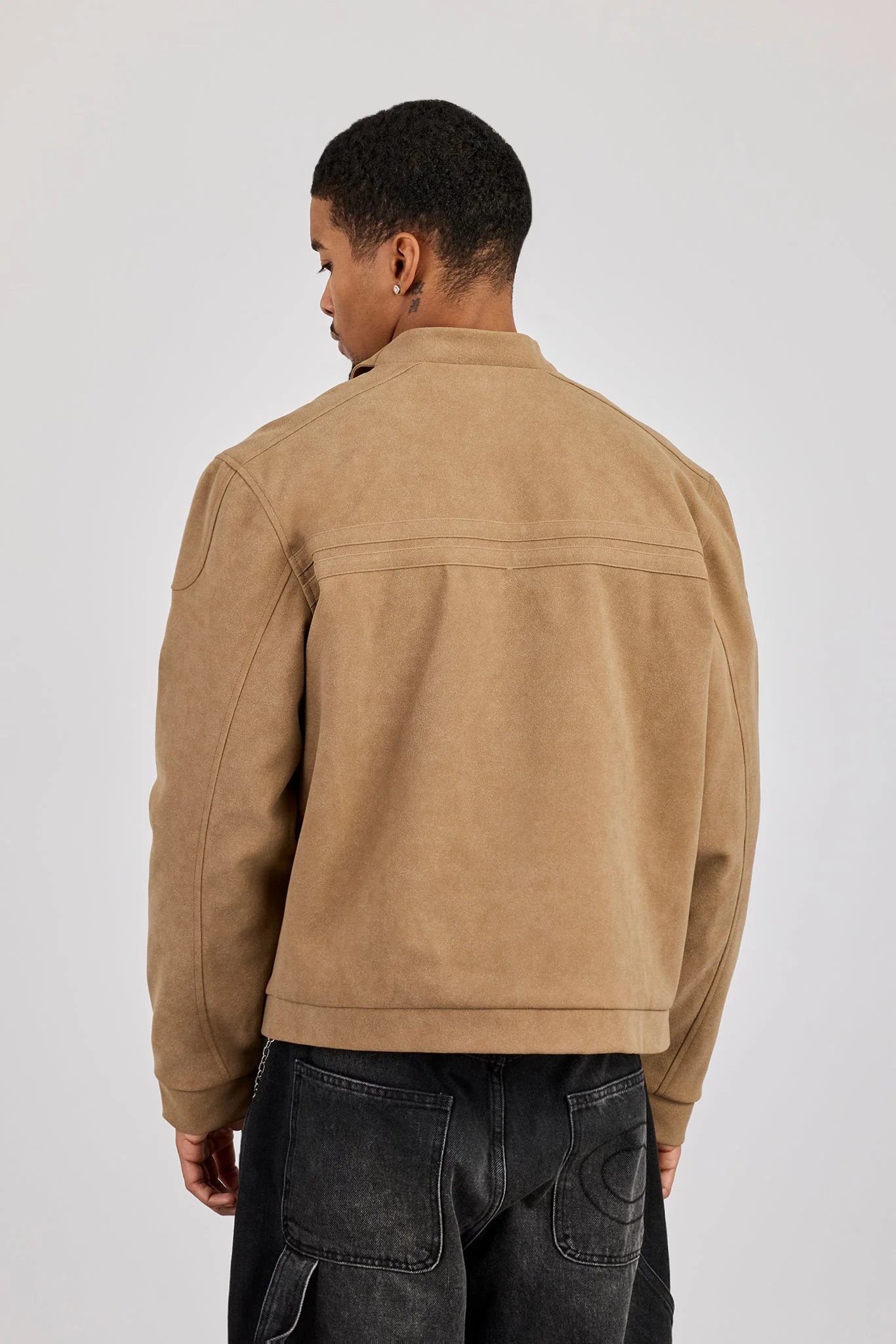 Mens Suede Applique Moto Jacket - Taupe - Image 3