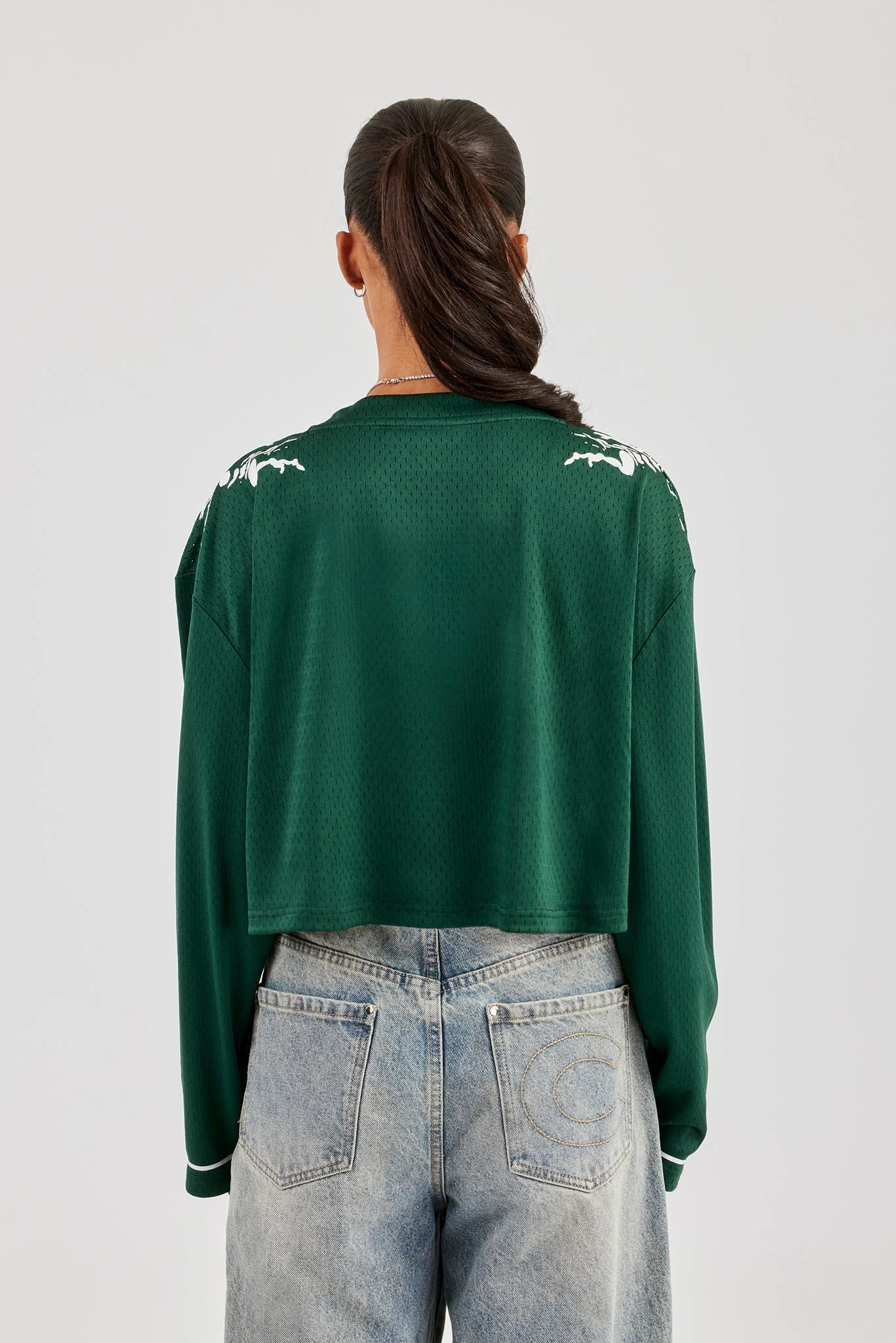 Mesh Cropped 86 Long Sleeve Top - Forest Green - Image 3