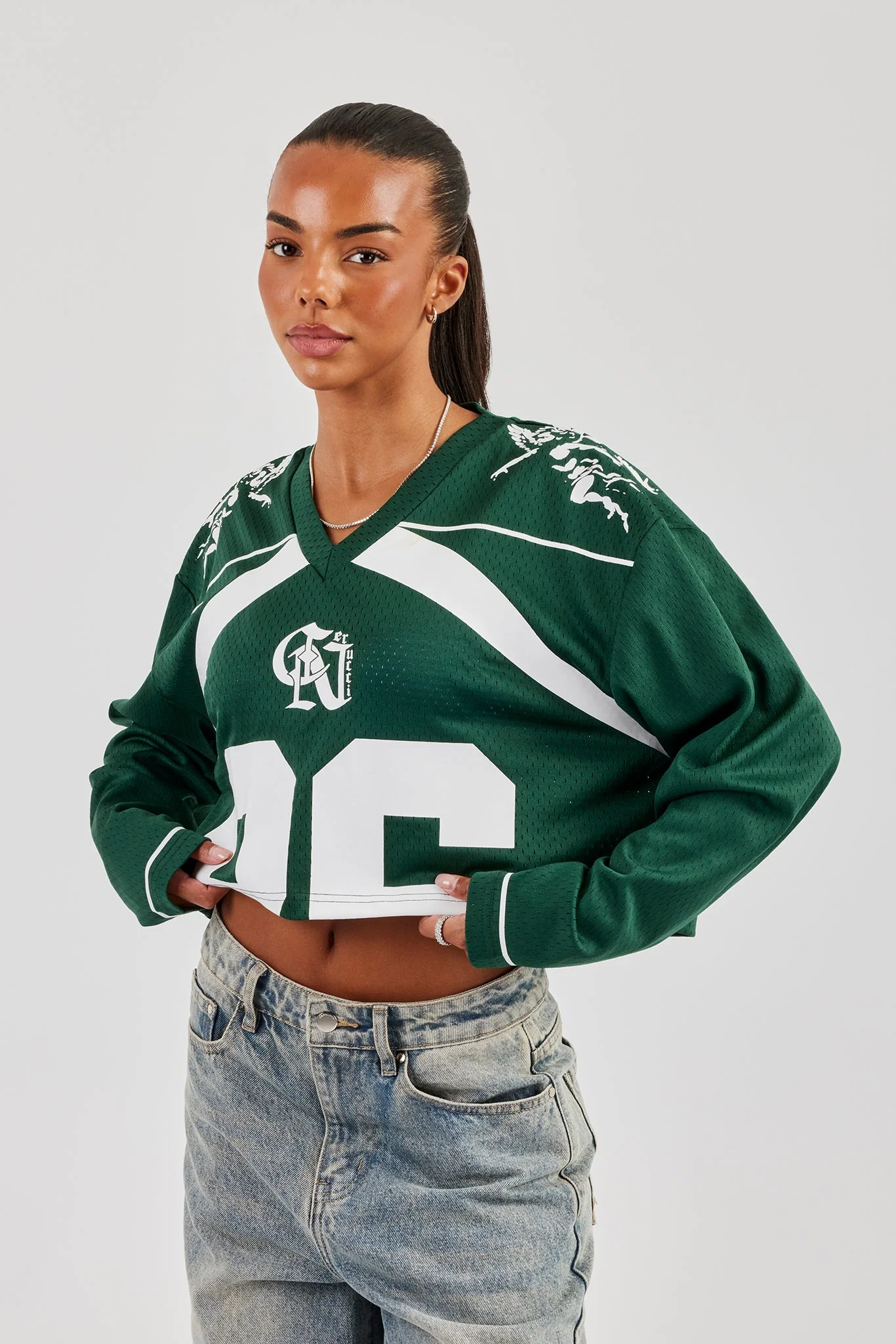 Mesh Cropped 86 Long Sleeve Top - Forest Green - Image 4