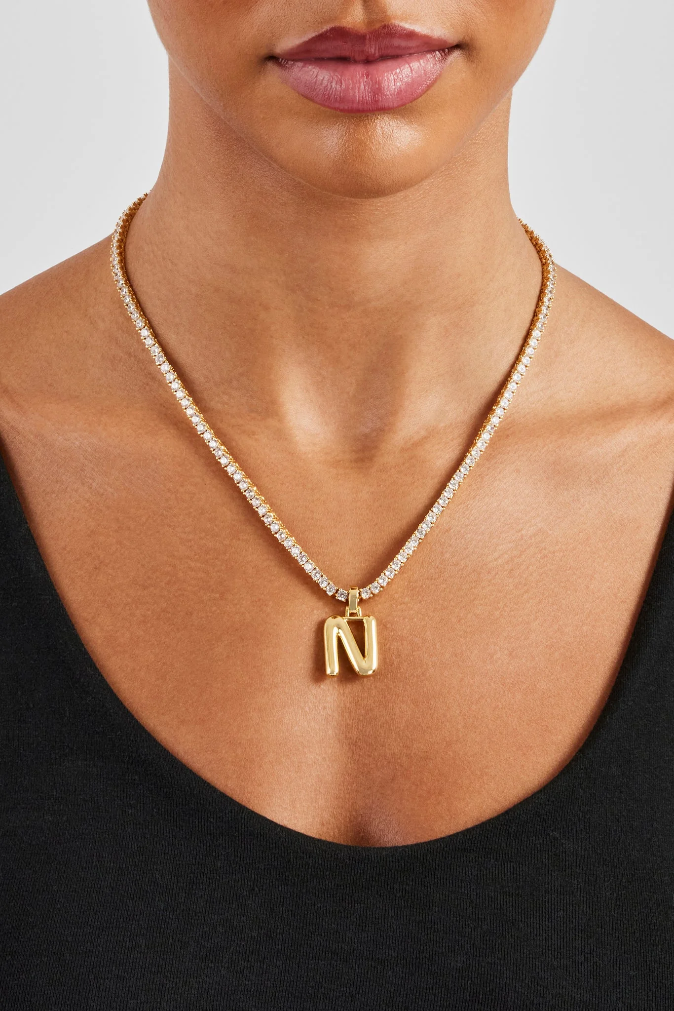 Mini Polished Balloon Letter Pendant & 3mm Tennis Chain - Gold - Image 10