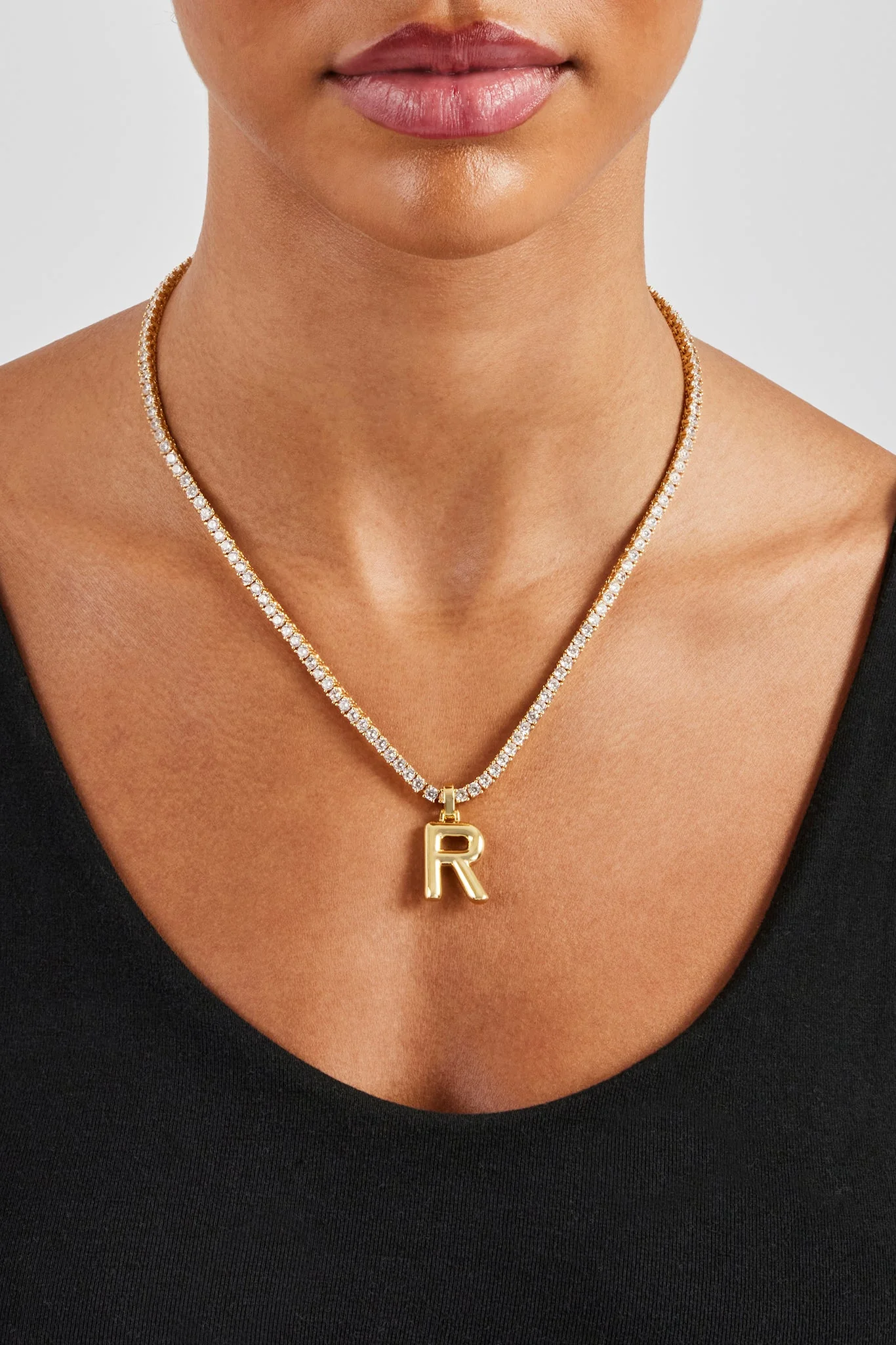 Mini Polished Balloon Letter Pendant & 3mm Tennis Chain - Gold - Image 11