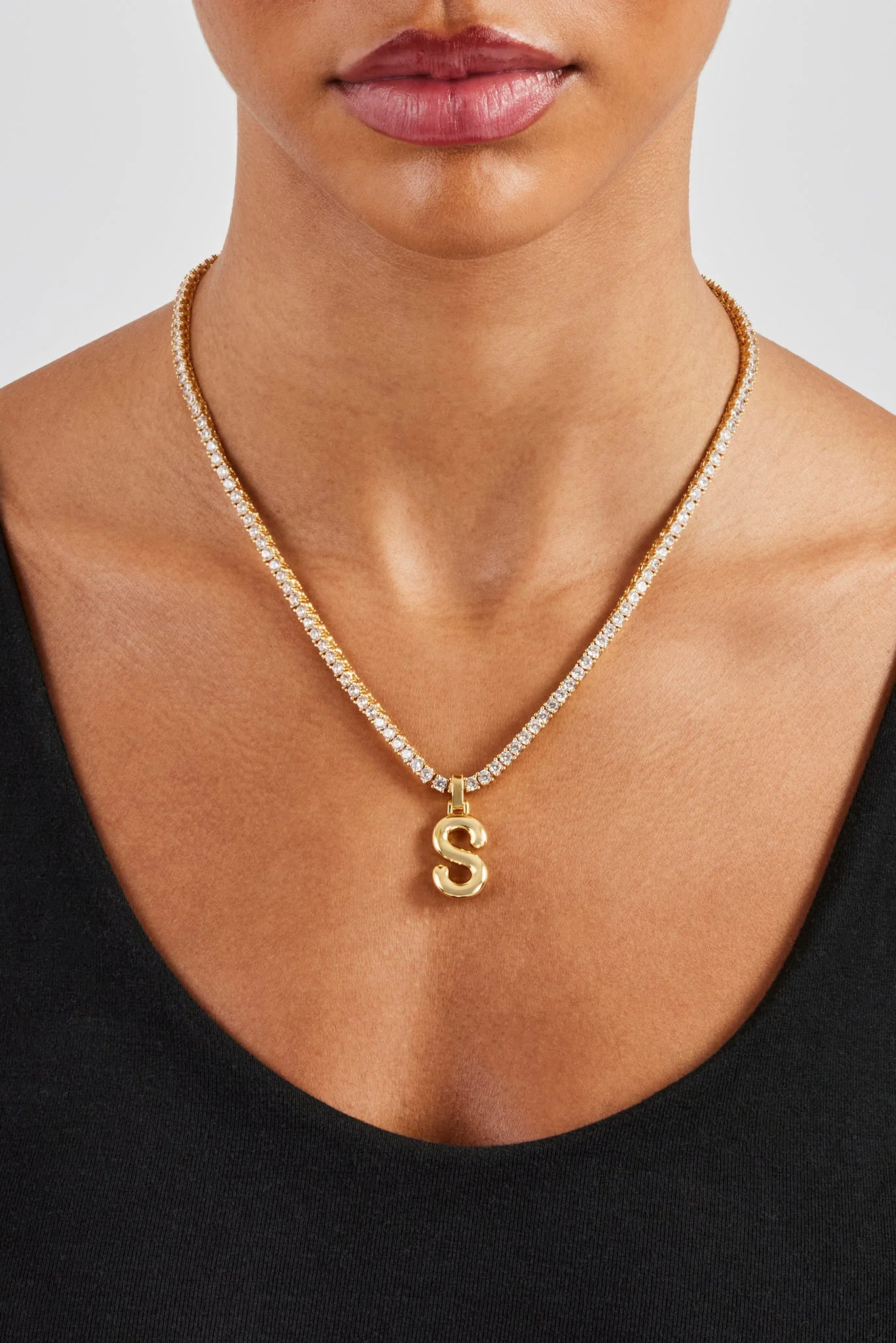 Mini Polished Balloon Letter Pendant & 3mm Tennis Chain - Gold - Image 12