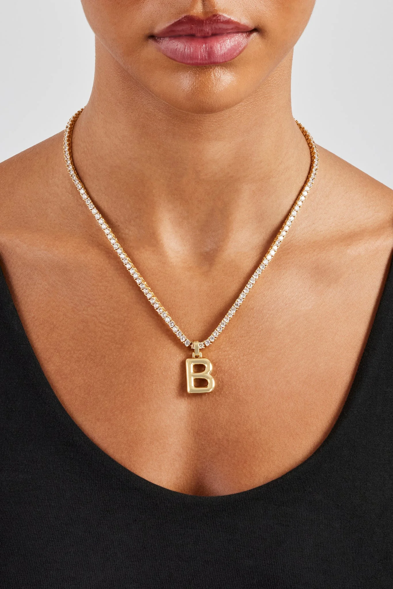 Mini Polished Balloon Letter Pendant & 3mm Tennis Chain - Gold - Image 2