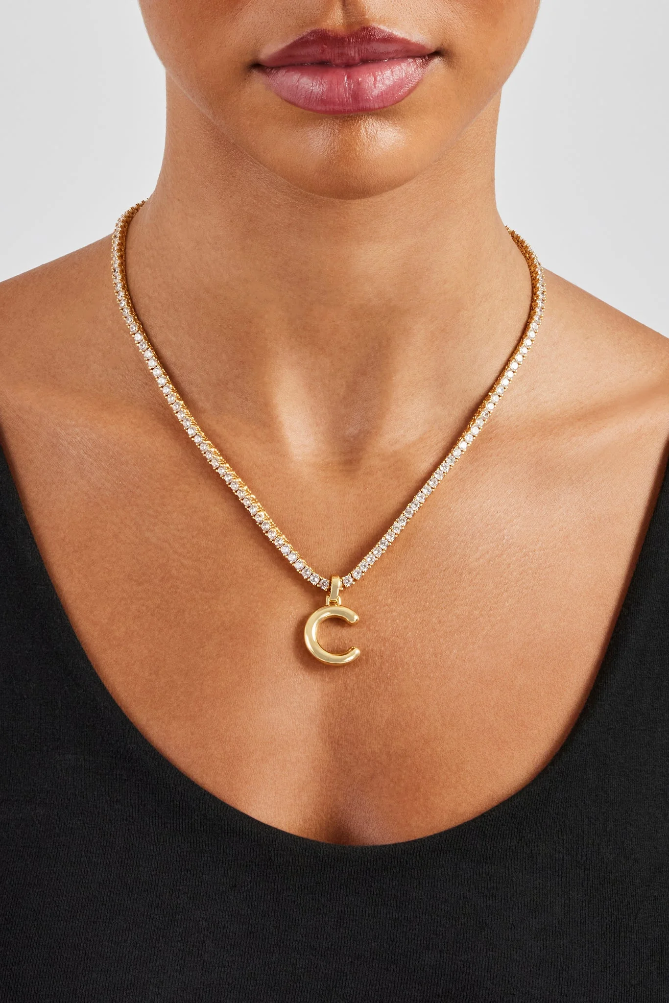Mini Polished Balloon Letter Pendant & 3mm Tennis Chain - Gold - Image 3