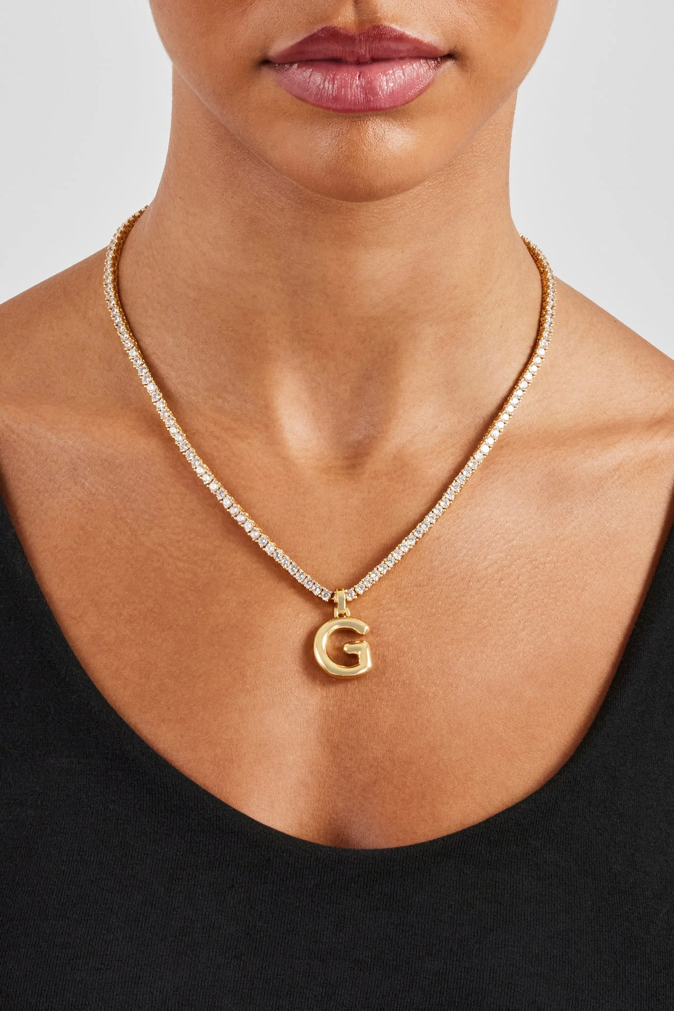 Mini Polished Balloon Letter Pendant & 3mm Tennis Chain - Gold - Image 6