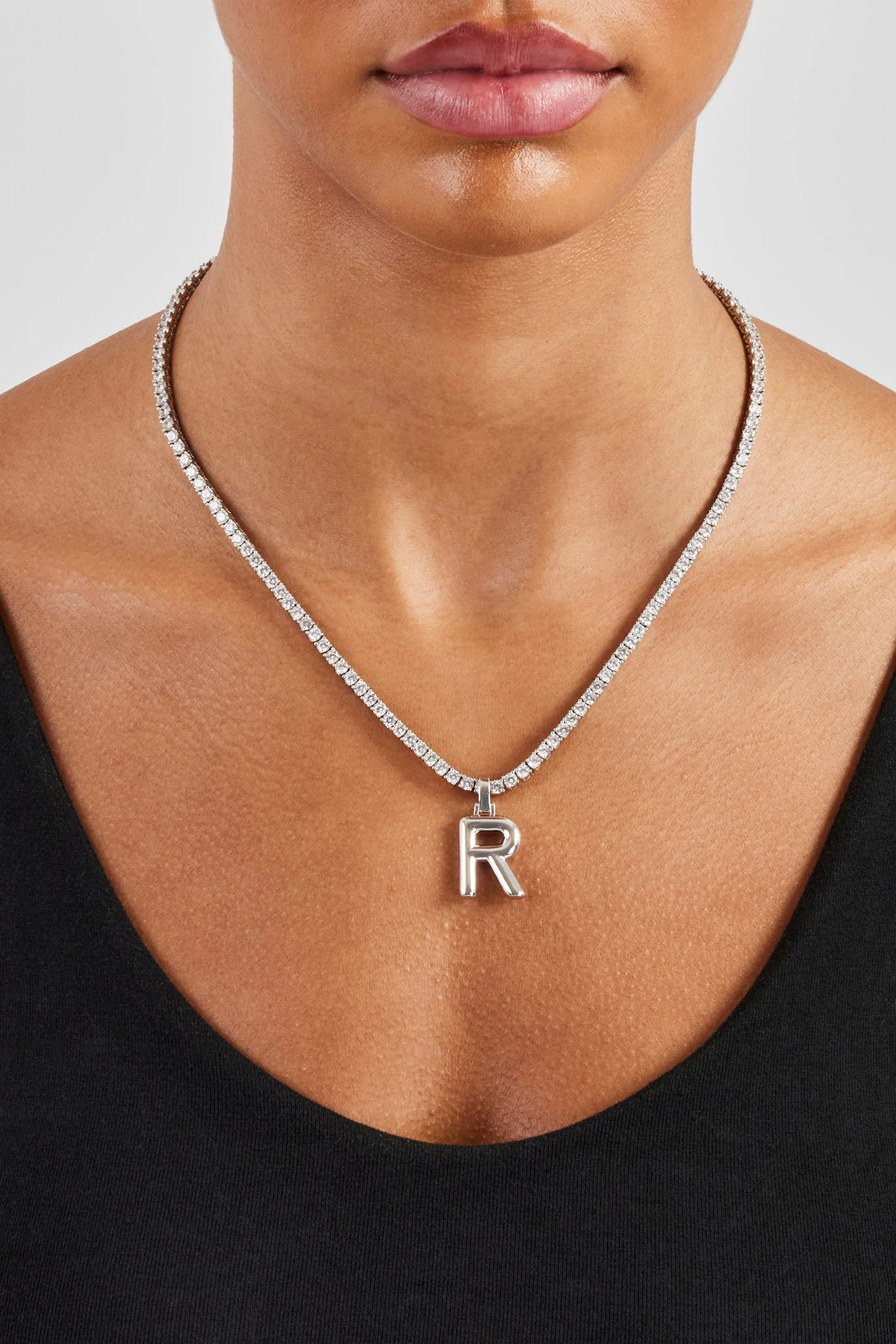 Mini Polished Balloon Letter Pendant & 3mm Tennis Chain - White - Image 11
