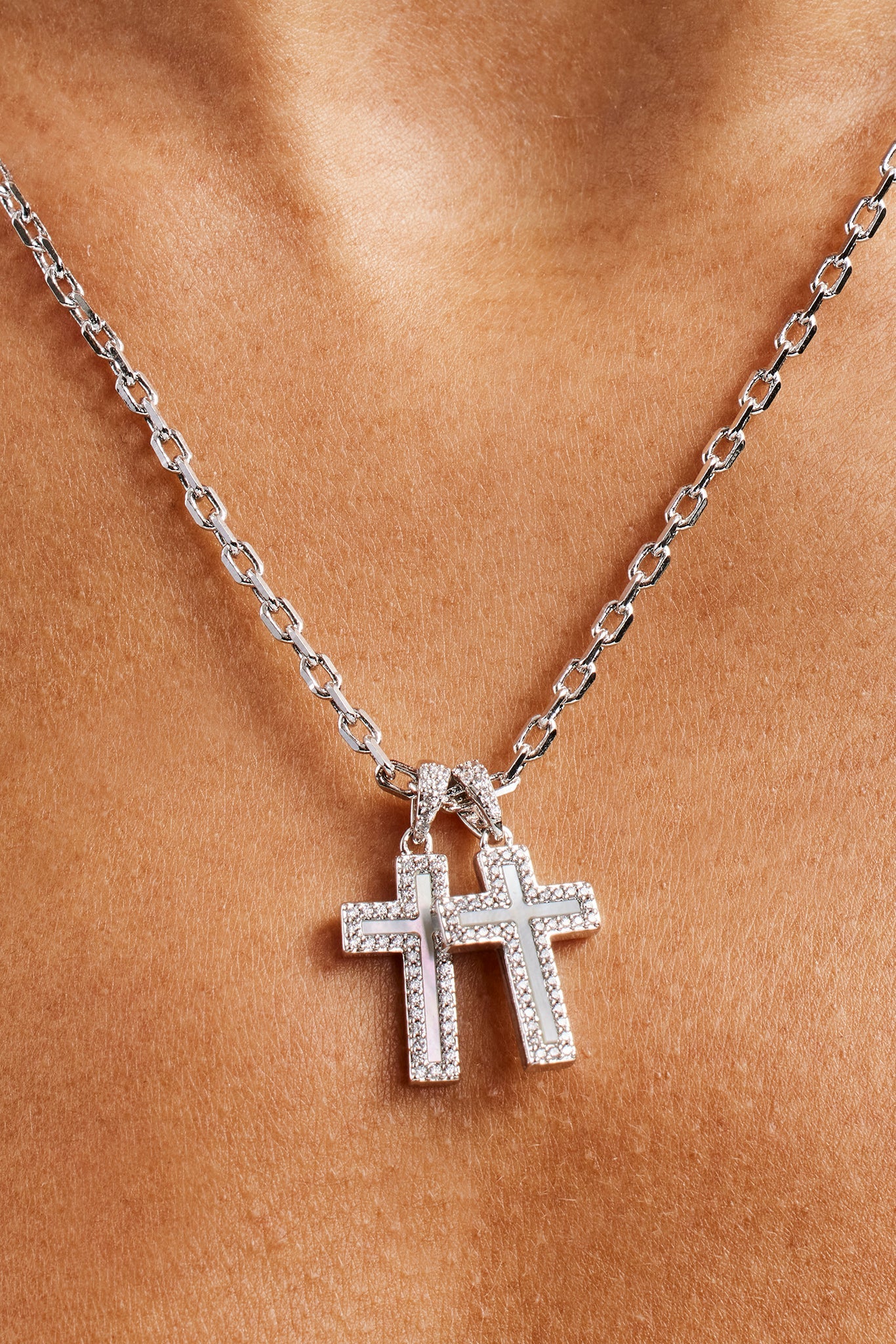 Mother Of Pearl Double Cross Necklace - 15mm - White - Image 2