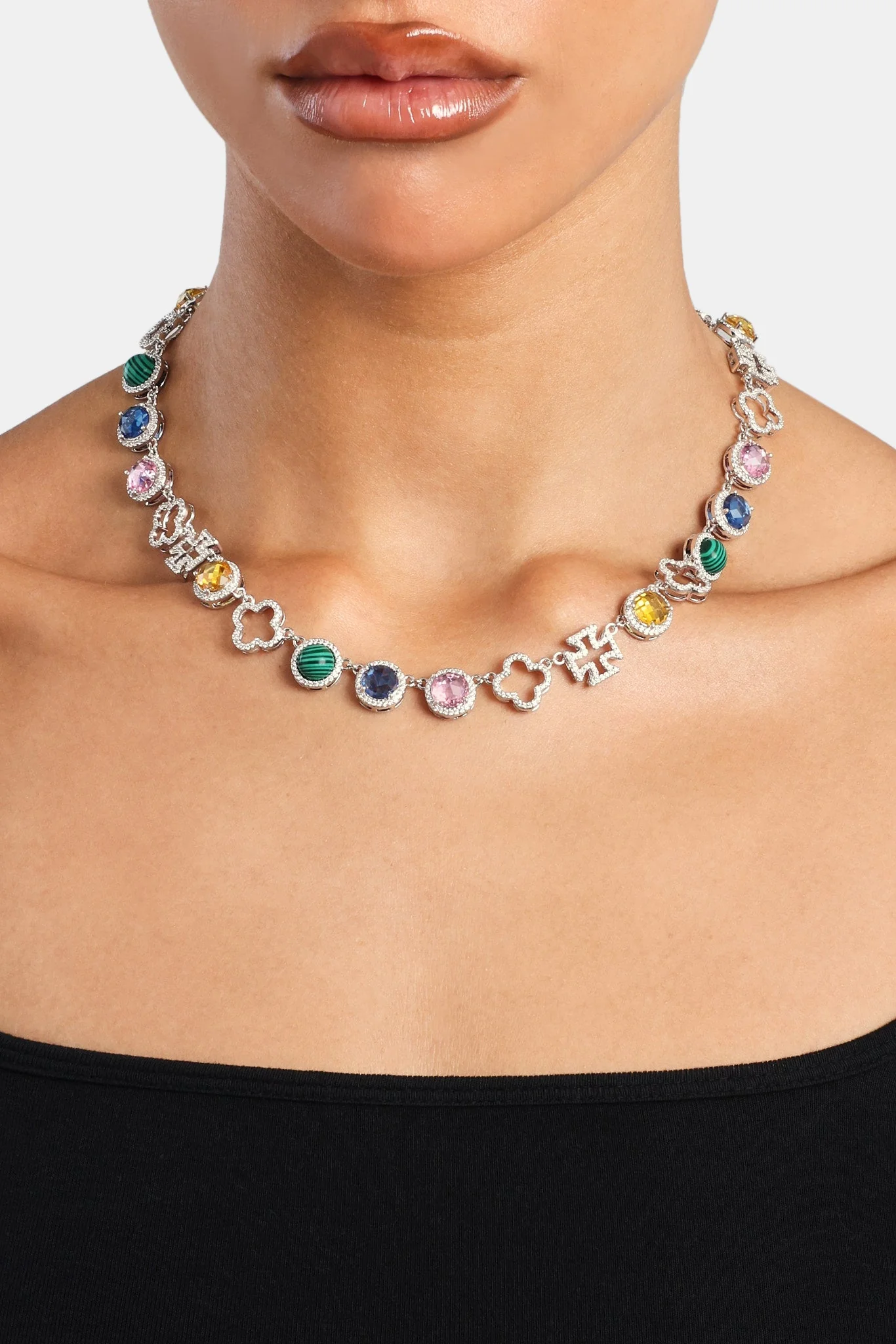Motif & Multi Gemstone Chain - White