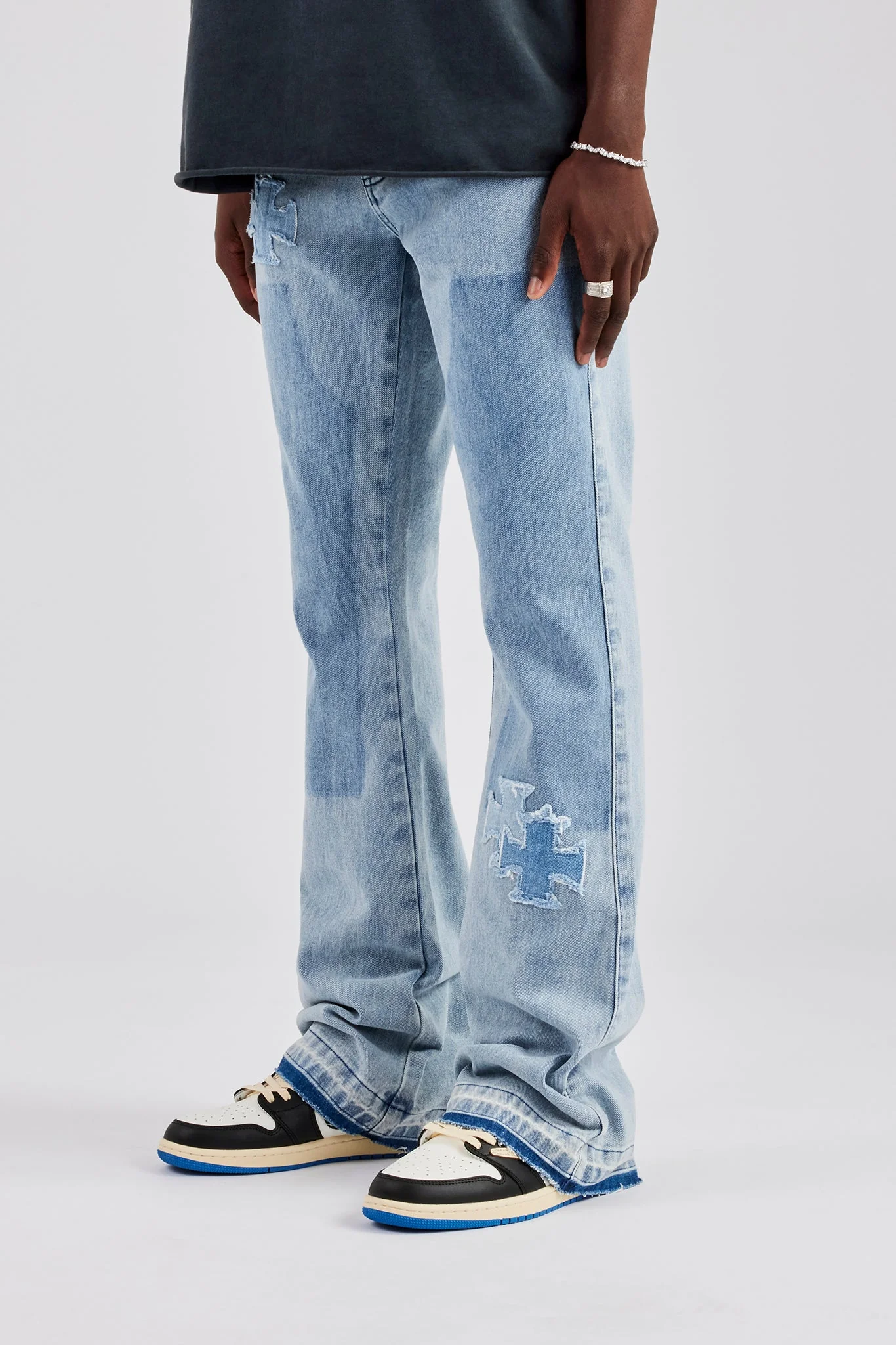 Motif Panelled Stacked Flare Jean - Ice Blue - Image 3