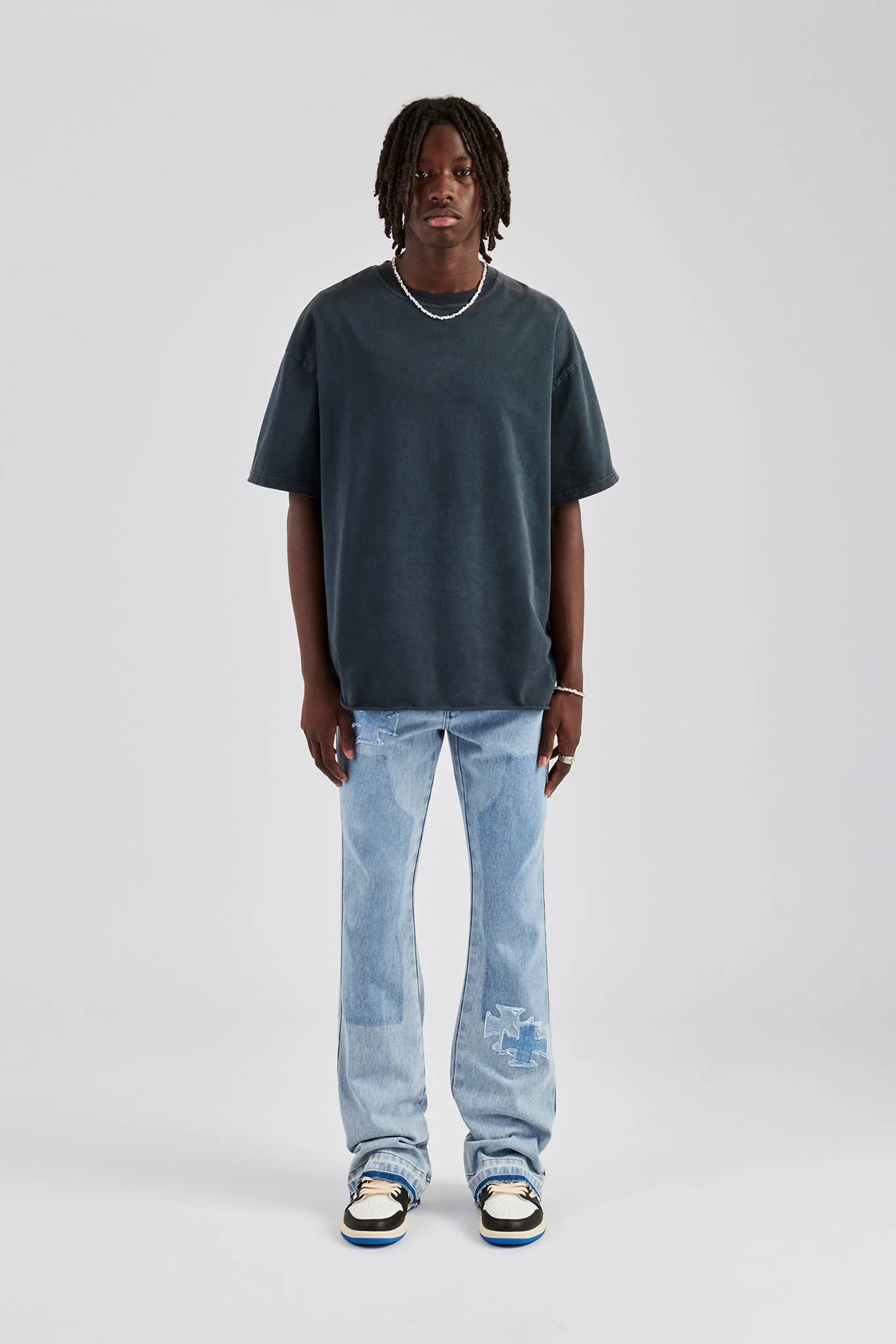 Motif Panelled Stacked Flare Jean - Ice Blue - Image 4