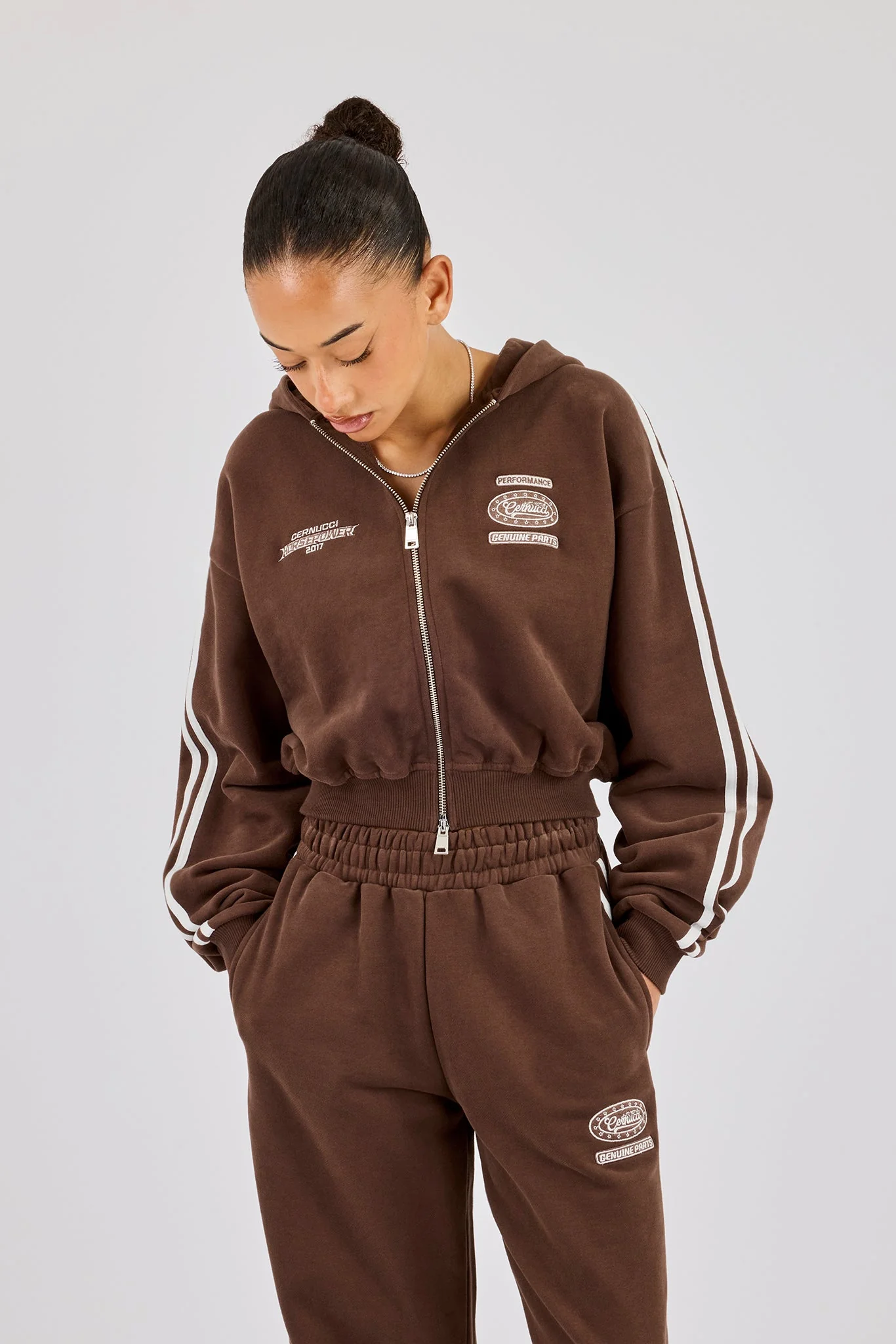 Moto Boxy Zip Through Hoodie - Washed Chocolate - Image 4