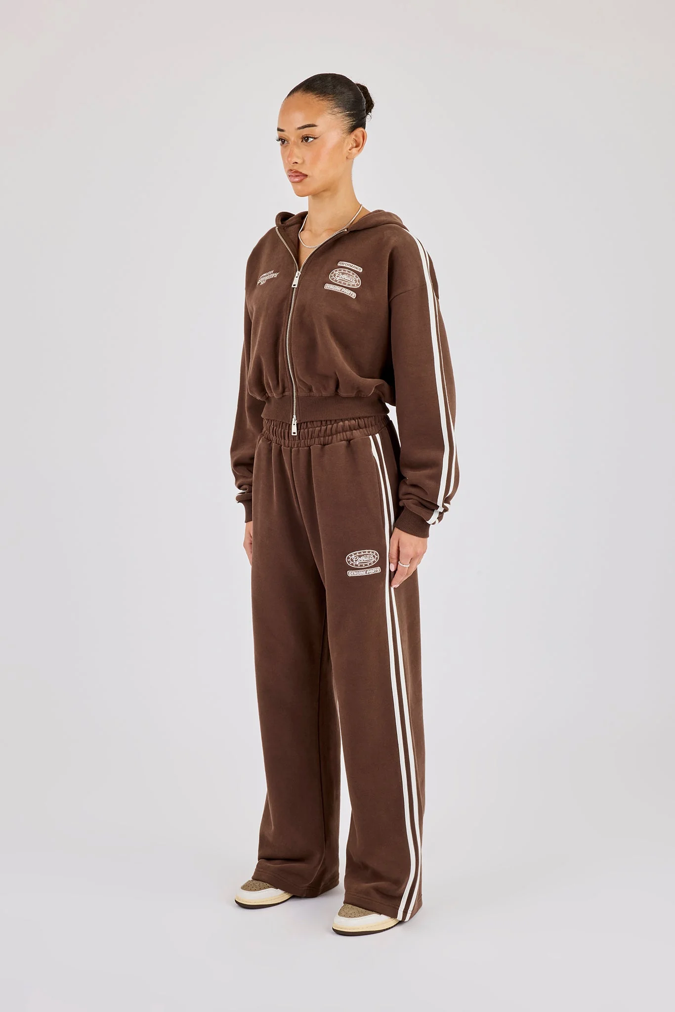Moto Boxy Zip Through Hoodie & Wide Leg Jogger - Washed Chocolate - Image 3