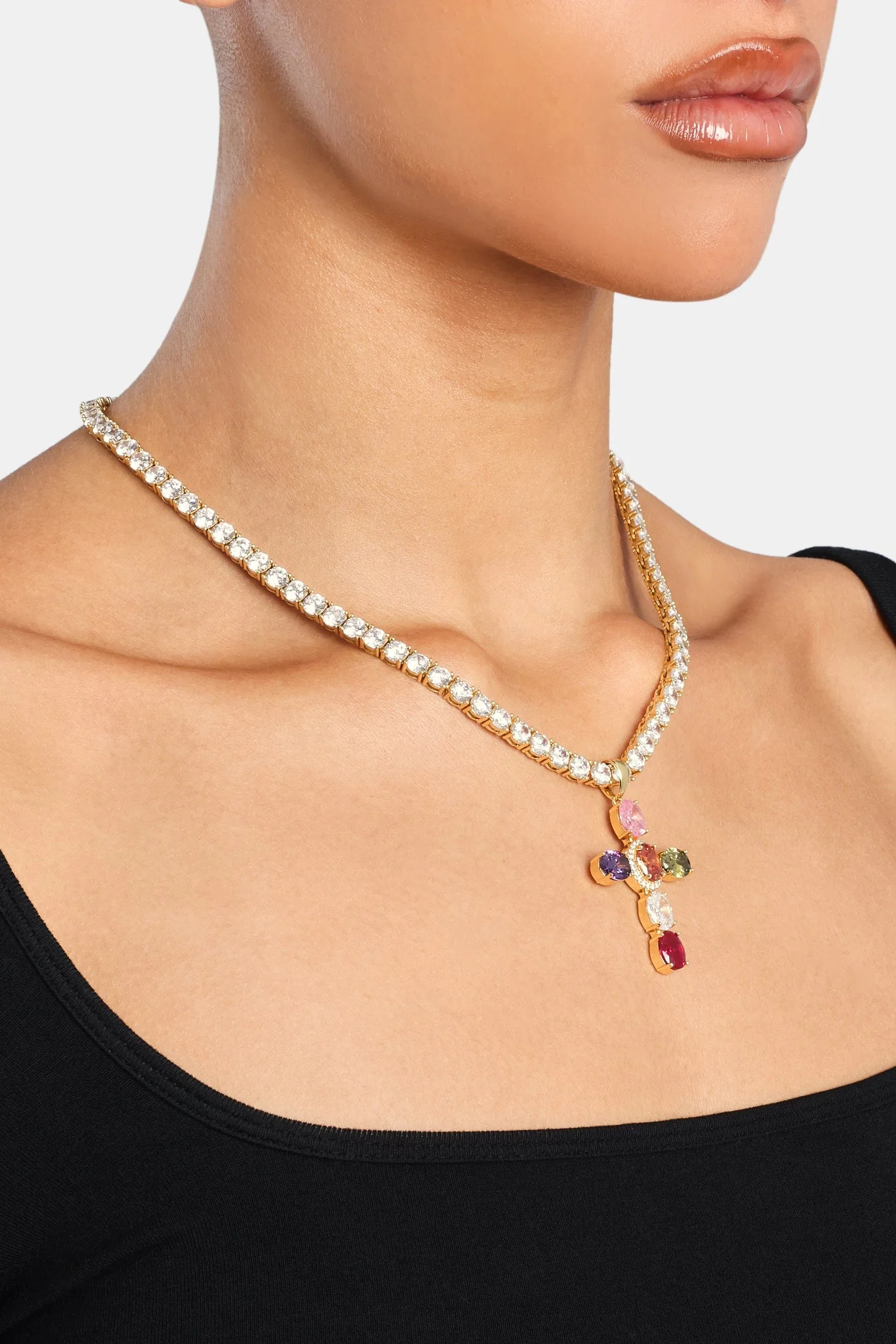 Multi Colour Gem Cross Pendant & 5mm Tennis Chain - Gold - Image 3