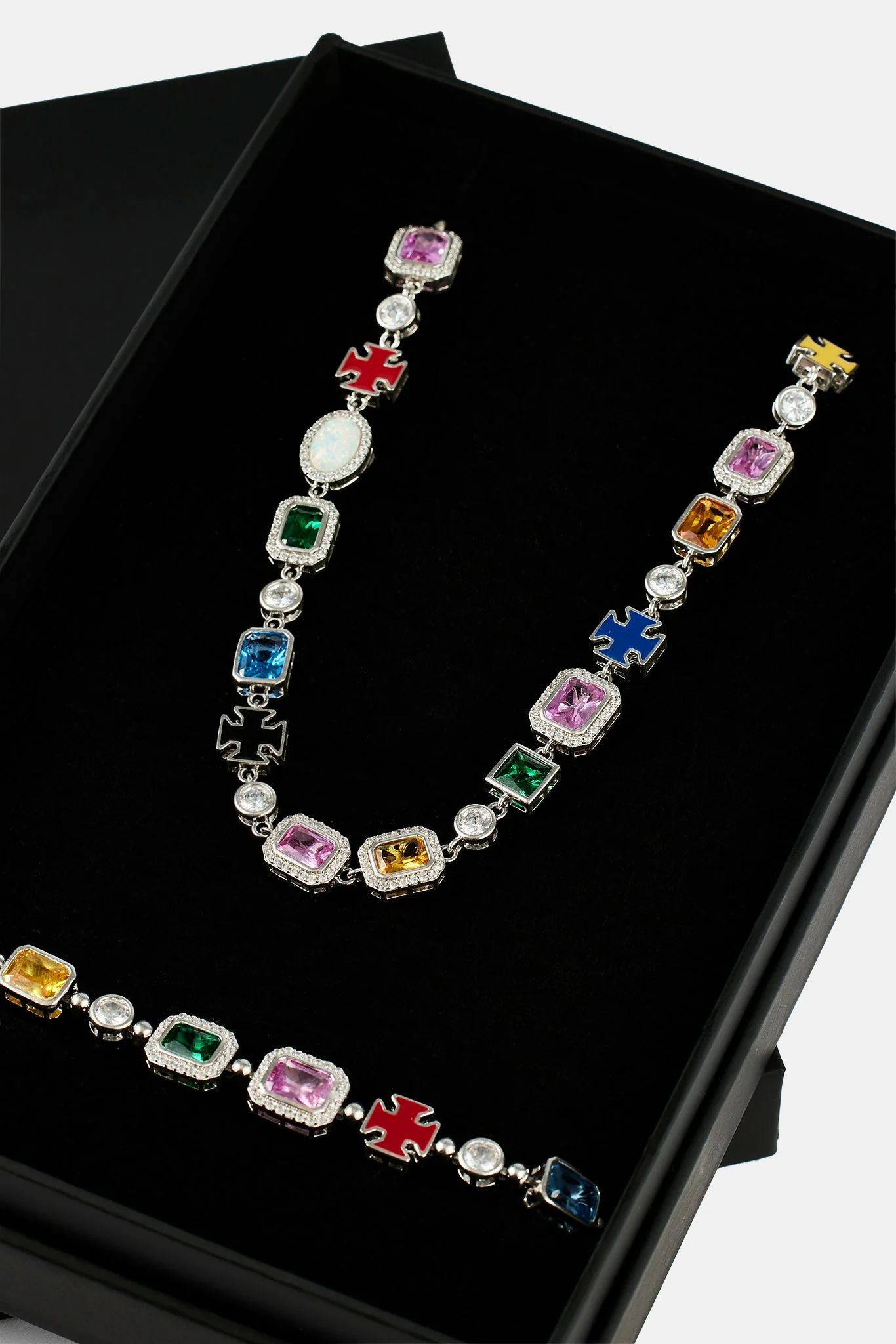 Multi Gemstone Motif Necklace & Bracelet - White - 10mm - Image 3