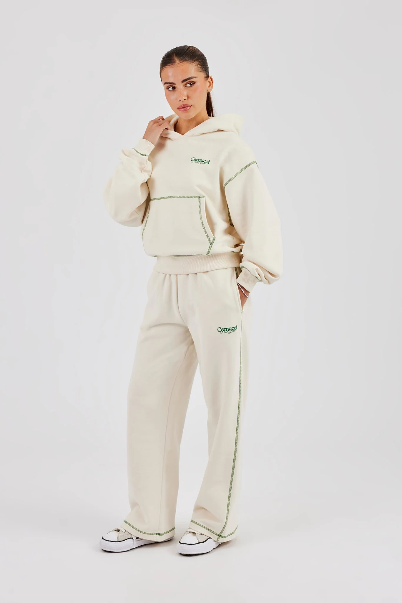 New York Contrast Stitch Boxy Hoodie & Wide Leg Jogger - Off White