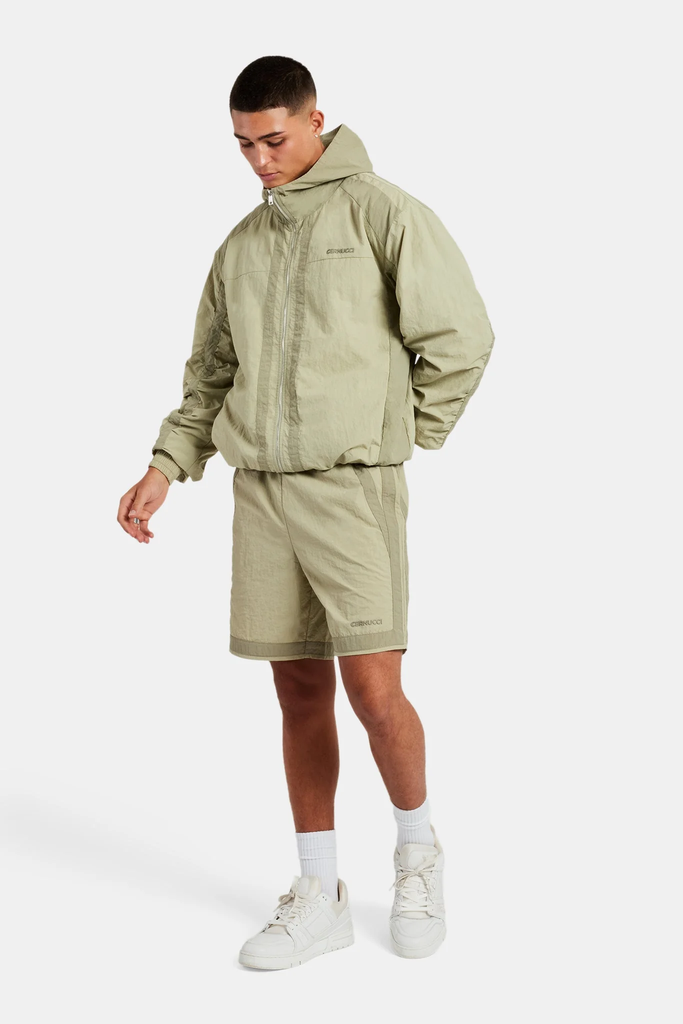 Nylon Colour Block Zip Through & Short Set - Light Khaki - Image 3
