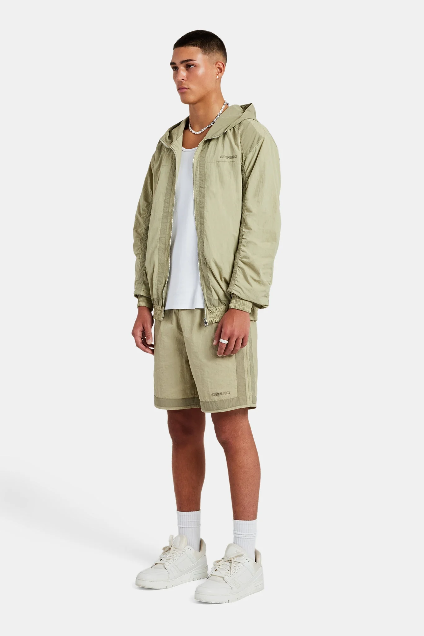 Nylon Colour Block Zip Through & Short Set - Light Khaki - Image 4