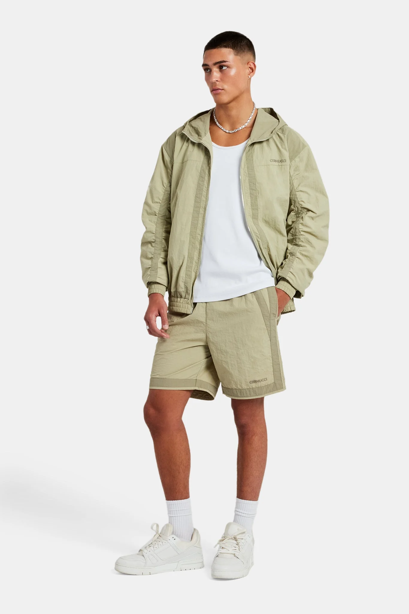 Nylon Colour Block Zip Through & Short Set - Light Khaki - Image 5