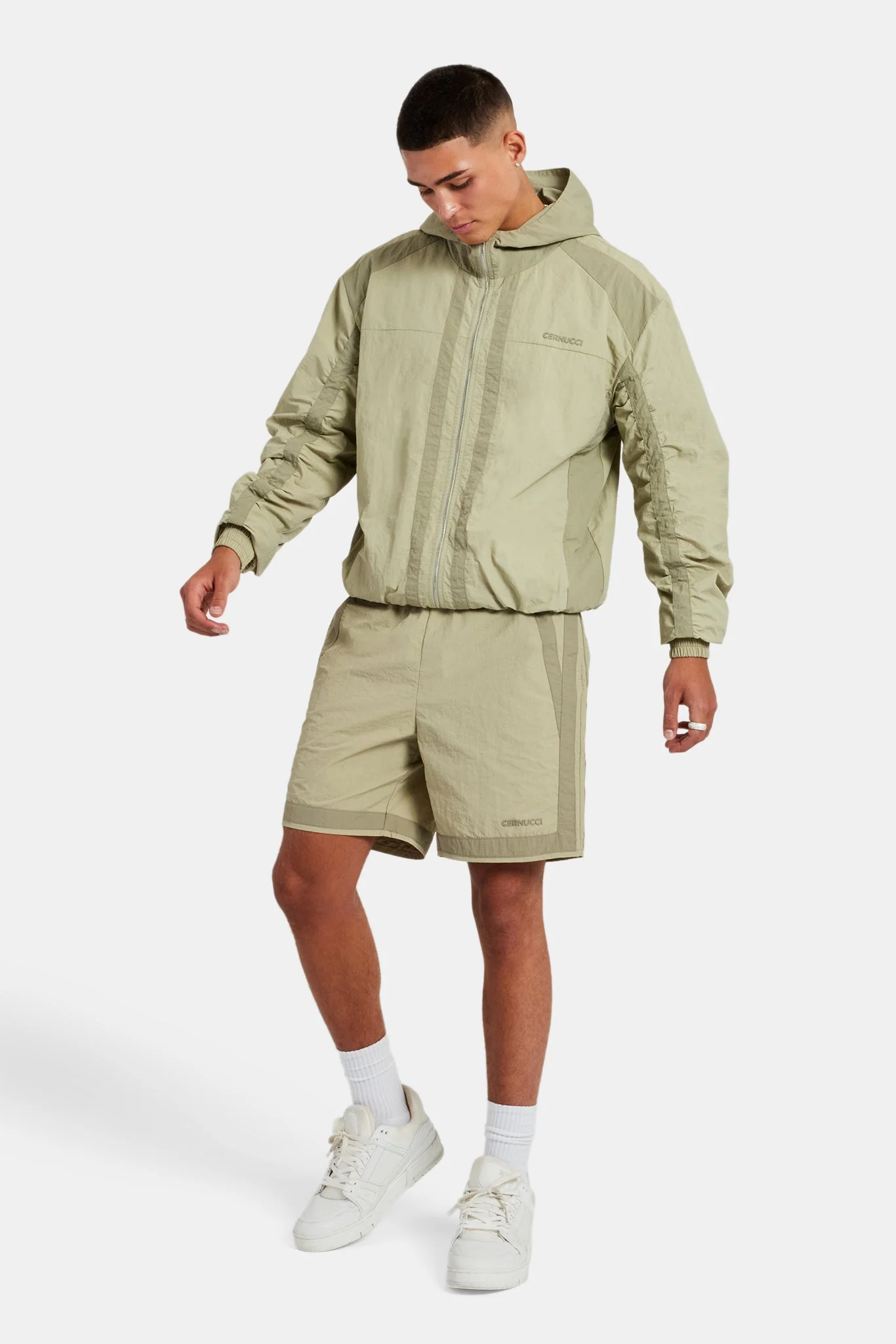 Nylon Colour Block Zip Through & Short Set - Light Khaki - Image 6