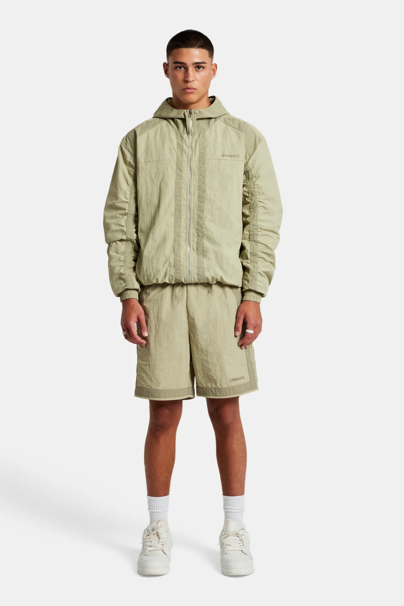 Nylon Colour Block Zip Through & Short Set - Light Khaki - Image 7