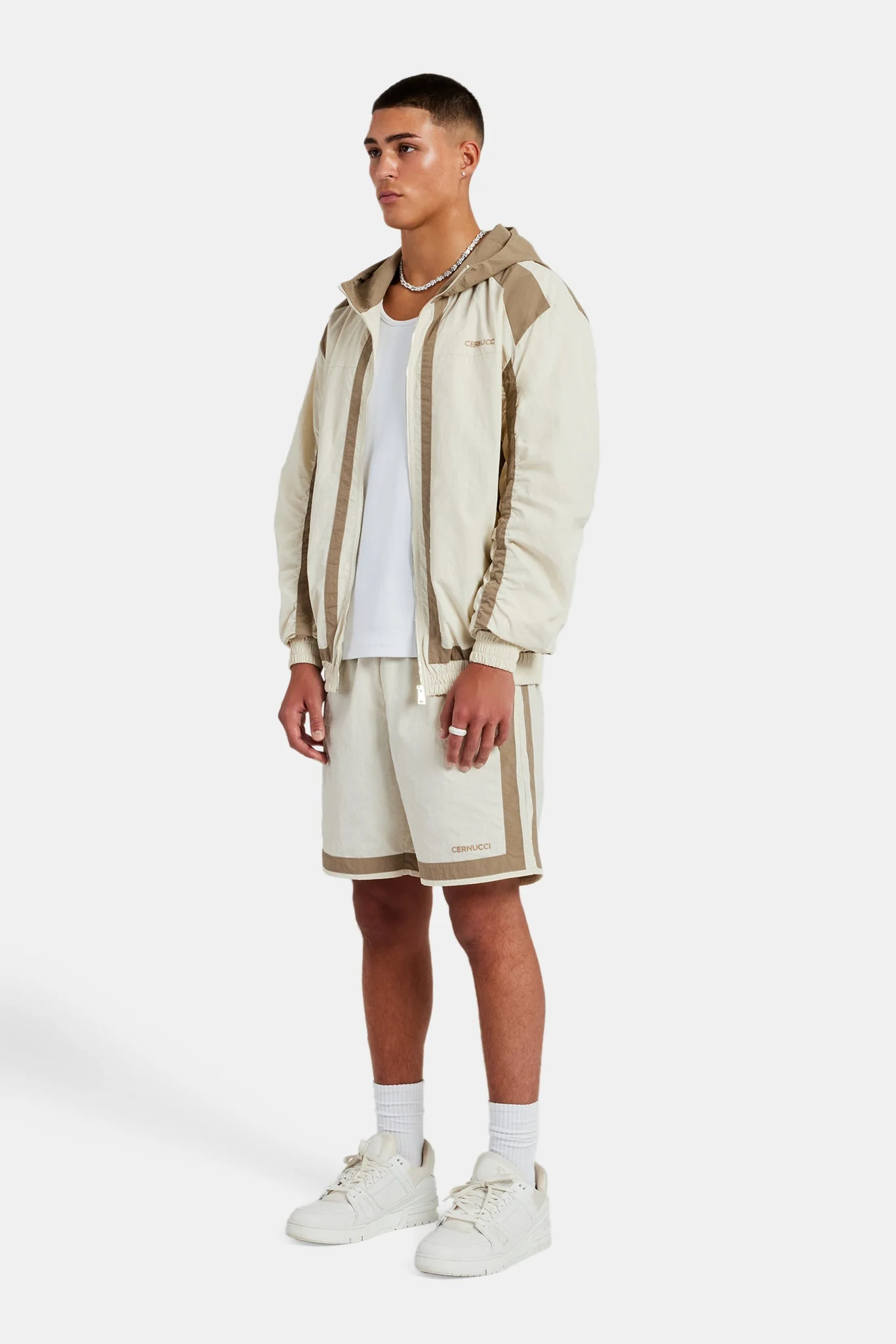 Nylon Colour Block Zip Through & Short Set - Off White - Image 2
