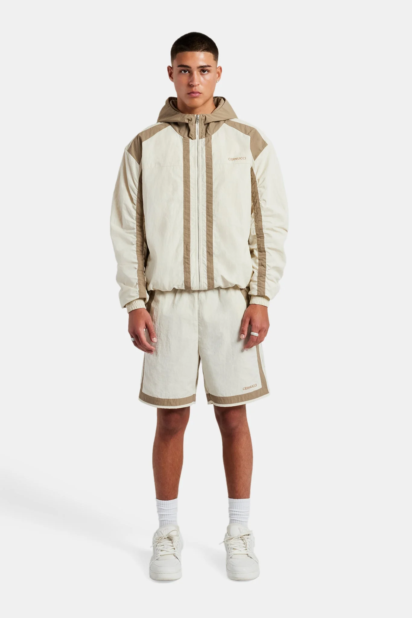 Nylon Colour Block Zip Through & Short Set - Off White - Image 4