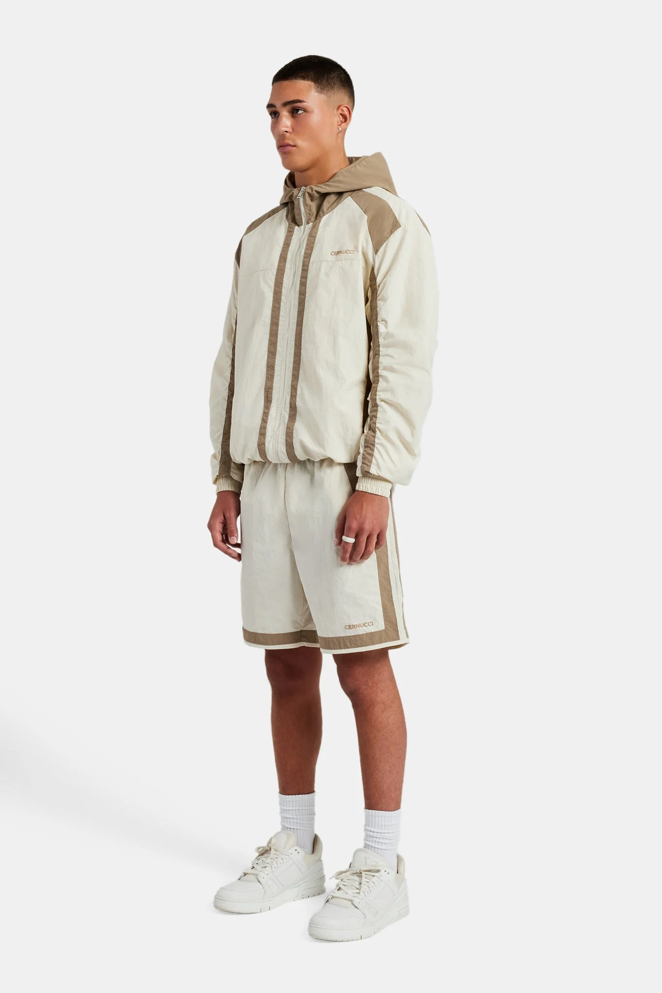 Nylon Colour Block Zip Through & Short Set - Off White - Image 5