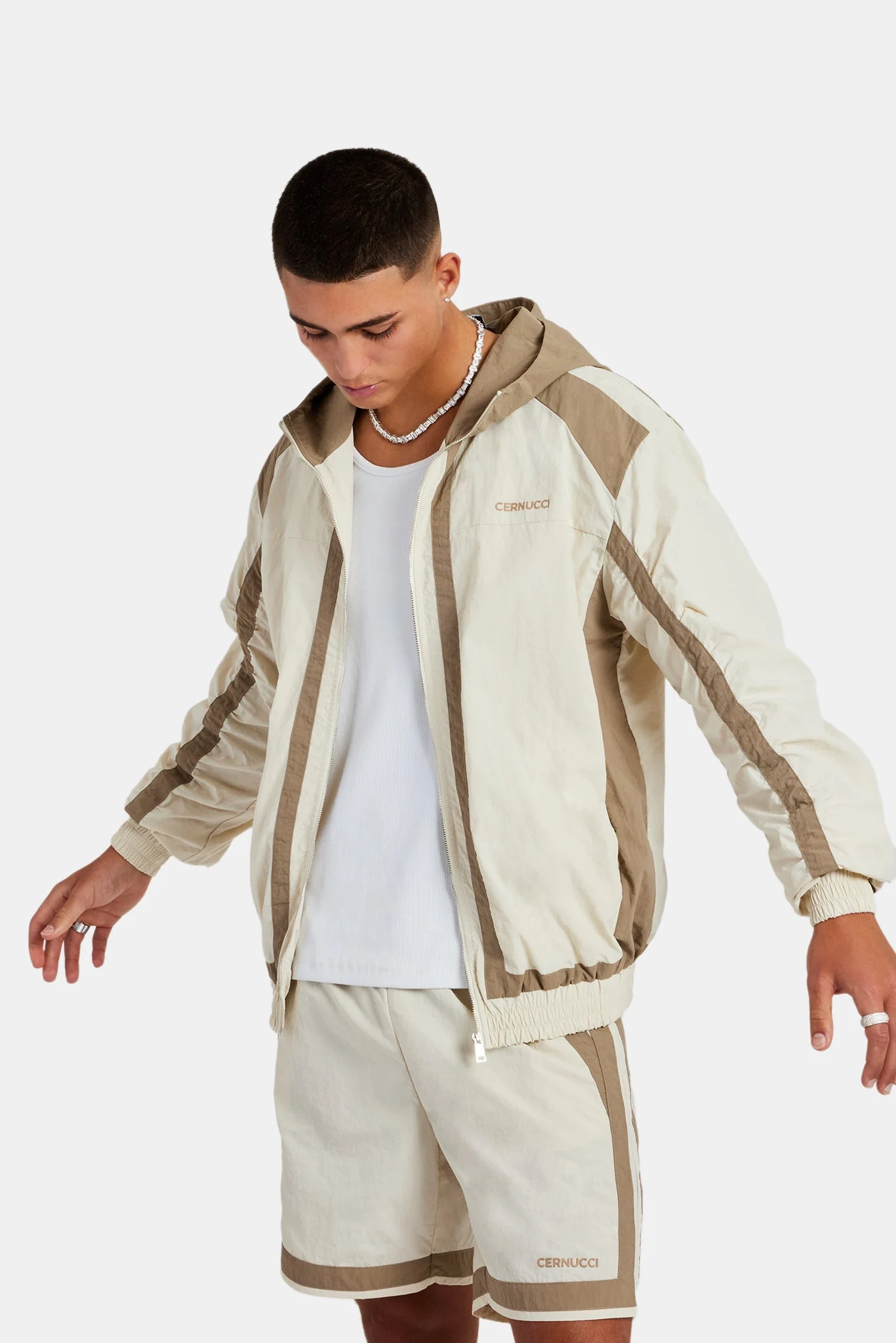 Nylon Colour Block Zip Through & Short Set - Off White - Image 7