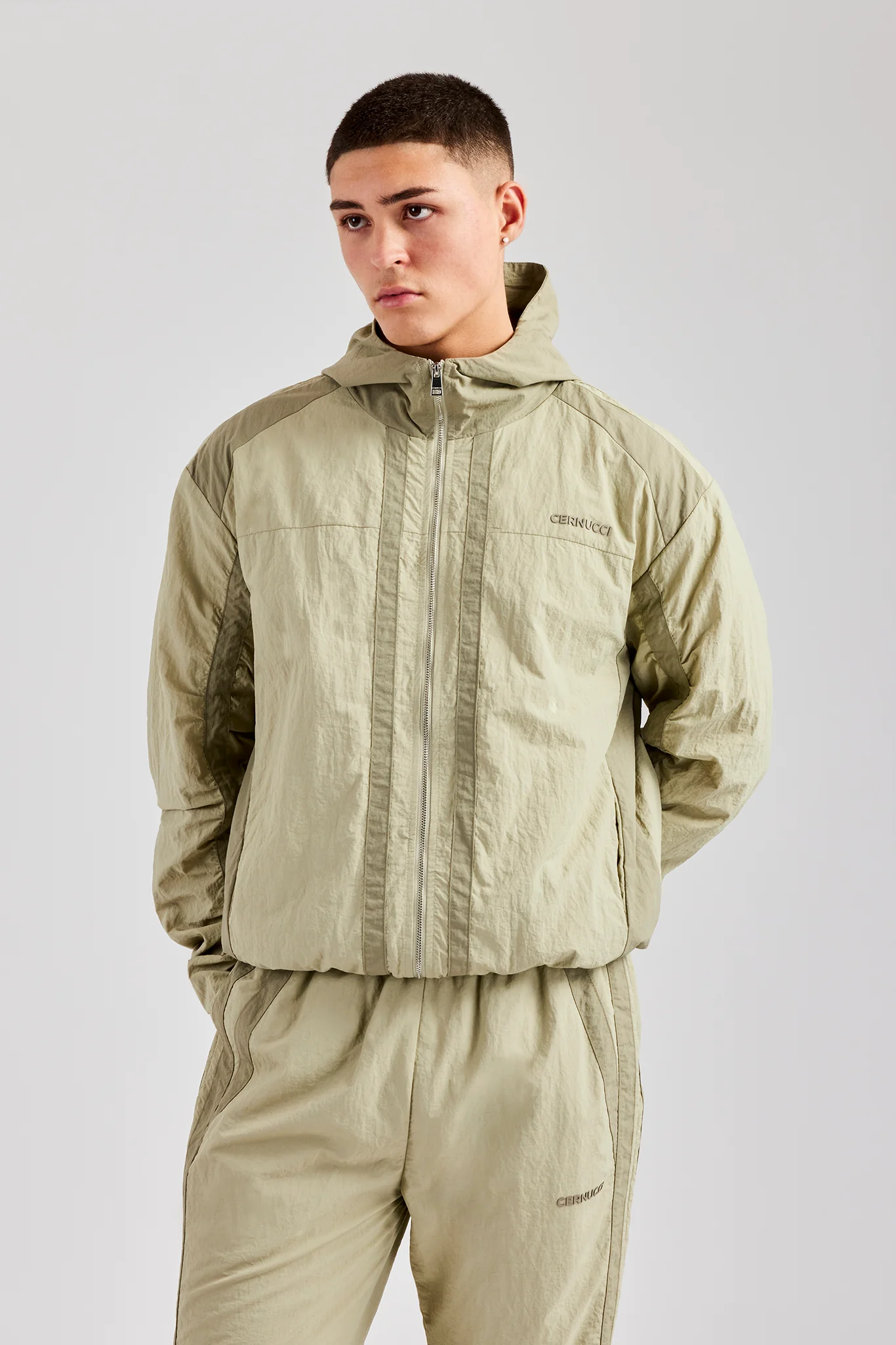 Nylon Colour Block Zip Through Tracksuit - Light Khaki - Image 6
