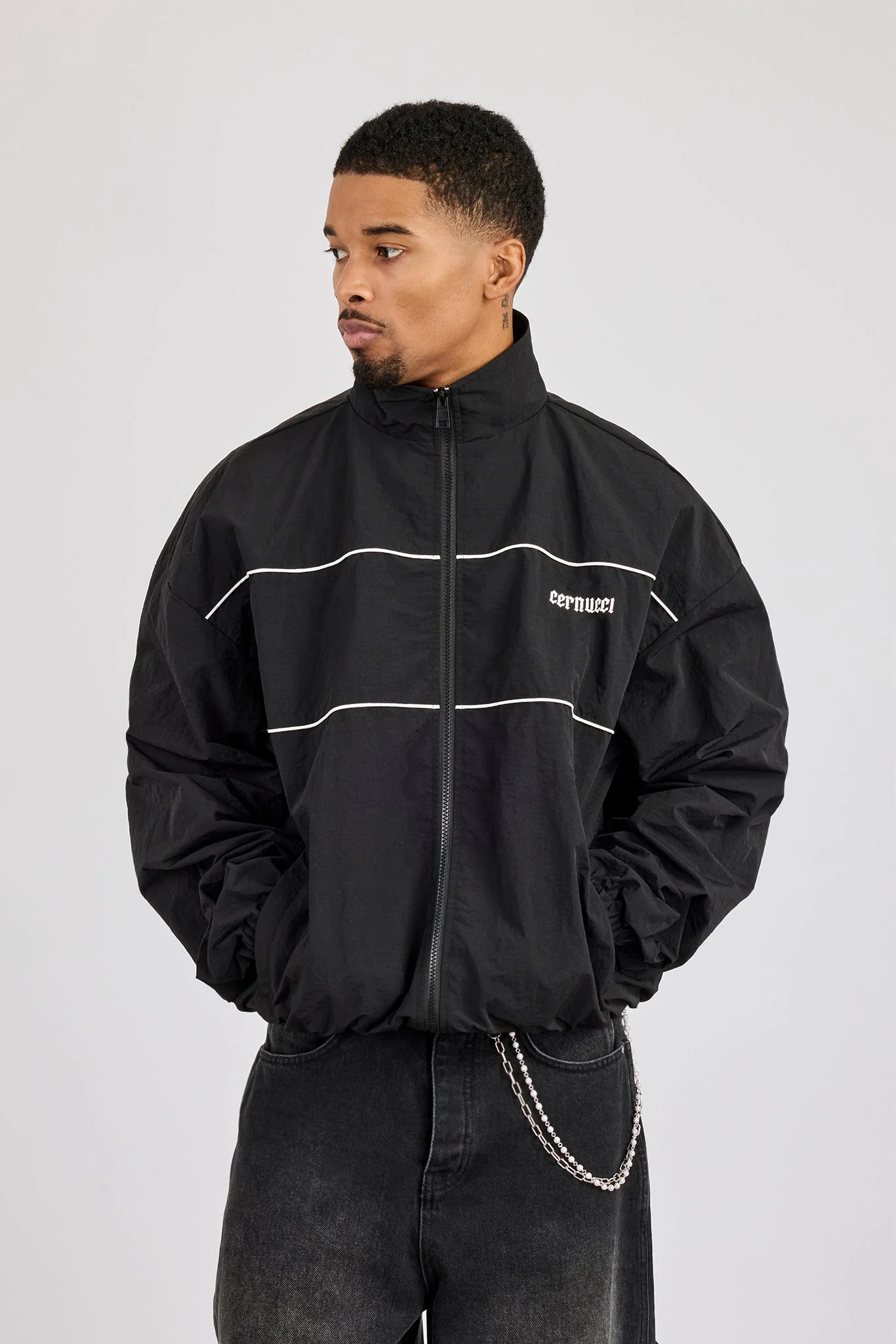 Nylon Contrast Funnel Neck Track Jacket - Black - Image 2