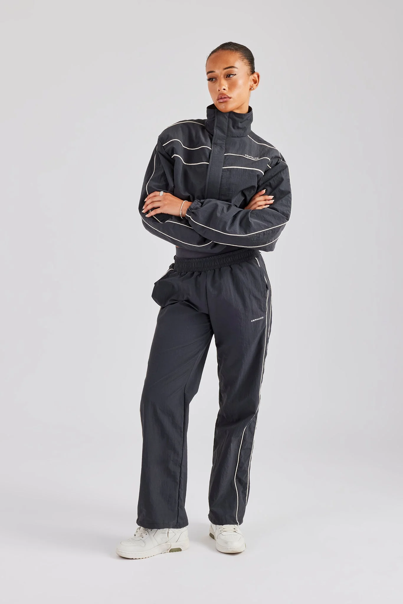 Nylon Cropped Zip Jacket - Charcoal - Image 3